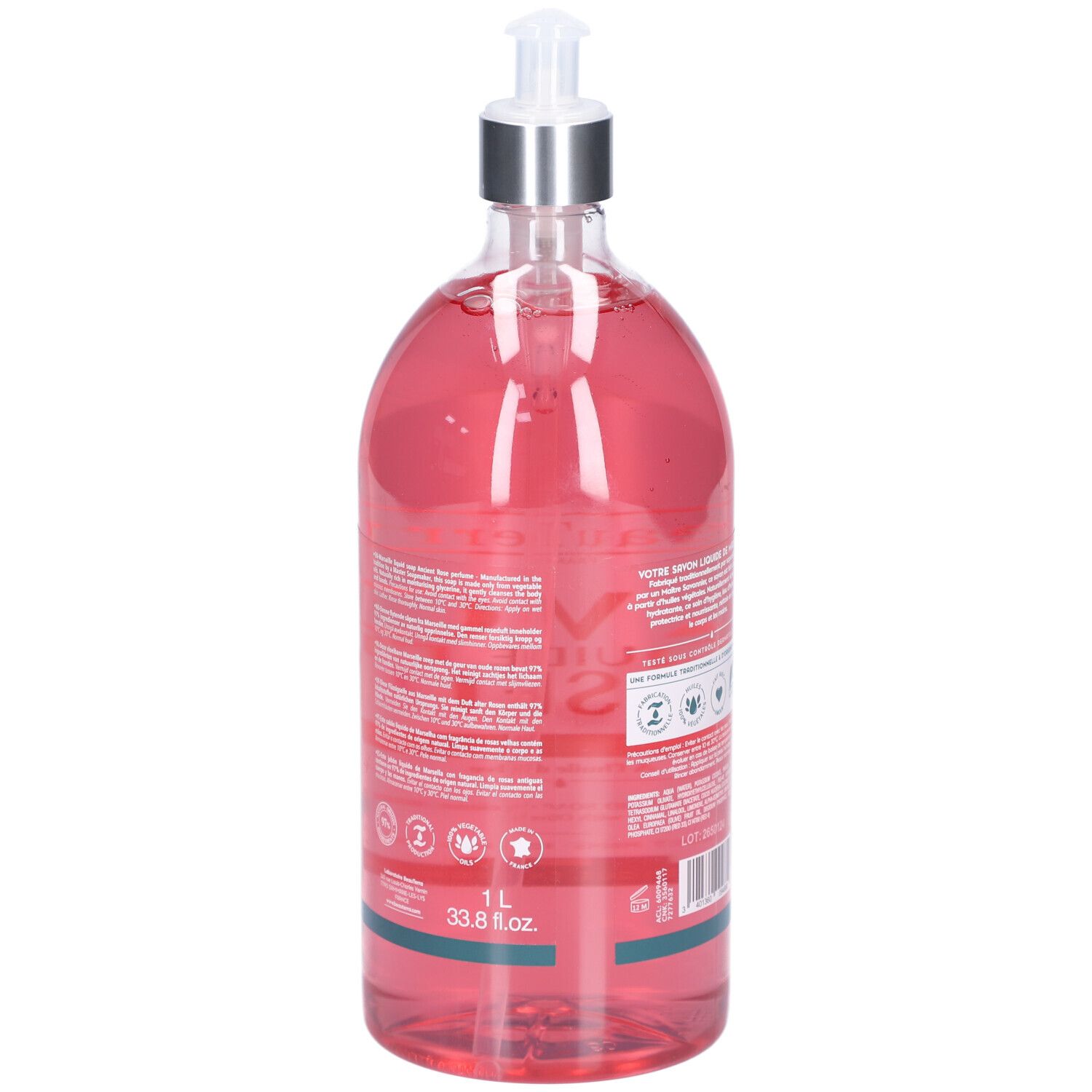 Rückseite der transparenten Flasche mit rosafarbenem Inhalt. Text und Logos. Mit Spender.