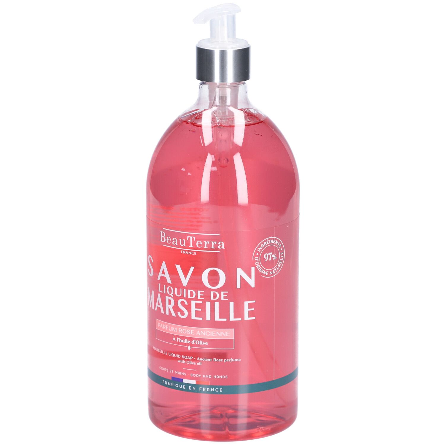 Transparente Flasche mit rosafarbenem Inhalt. Aufschrift: Savon Liquide de Marseille. Mit Spender.