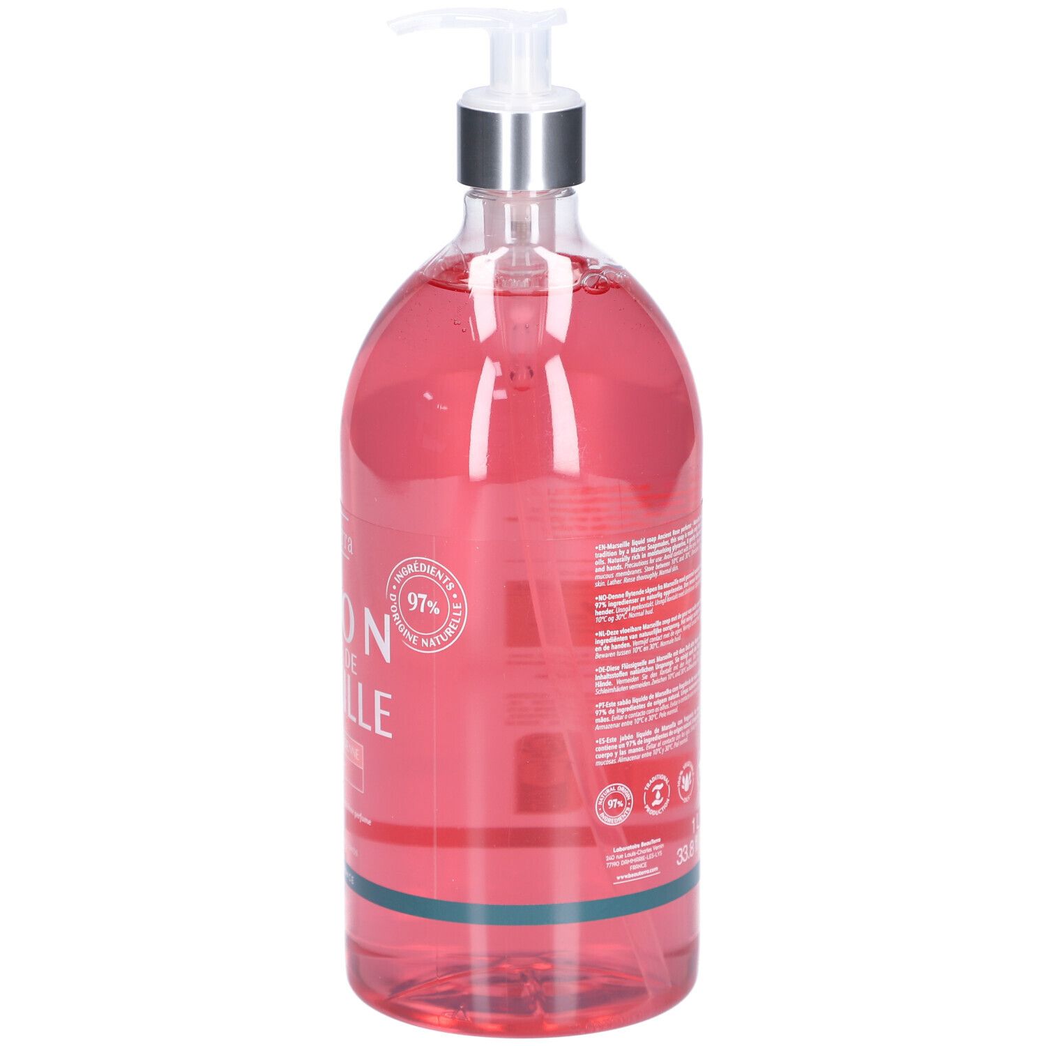 Rückseite der transparenten Flasche mit rosafarbenem Inhalt. Text und Logos. Mit Spender.