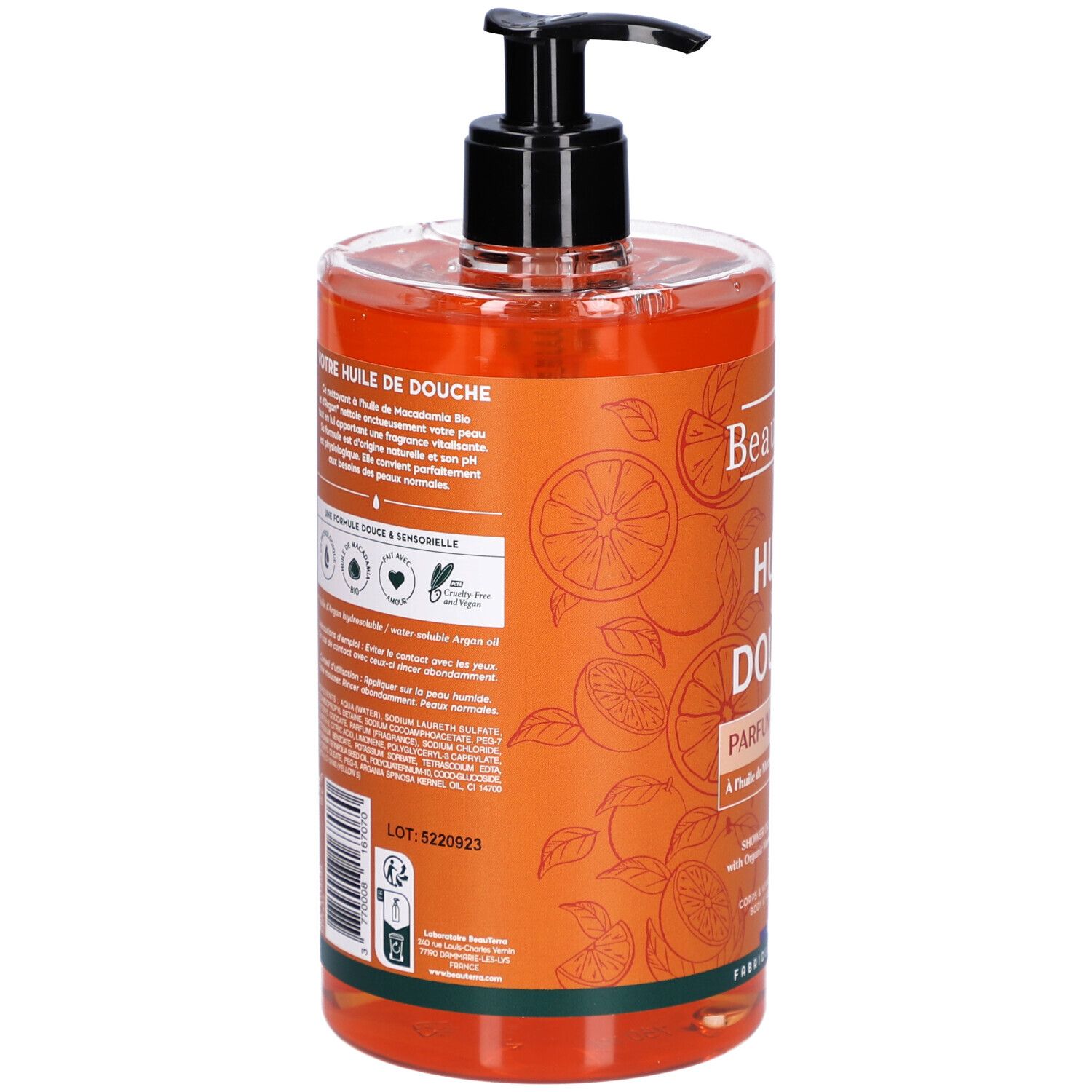 Rückseite der Beauterra Duschöl Zitrusduft Flasche. Text: Huile de Douche, Inhaltsstoffe, Zertifizierungen, Chargennummer, 750 ml.