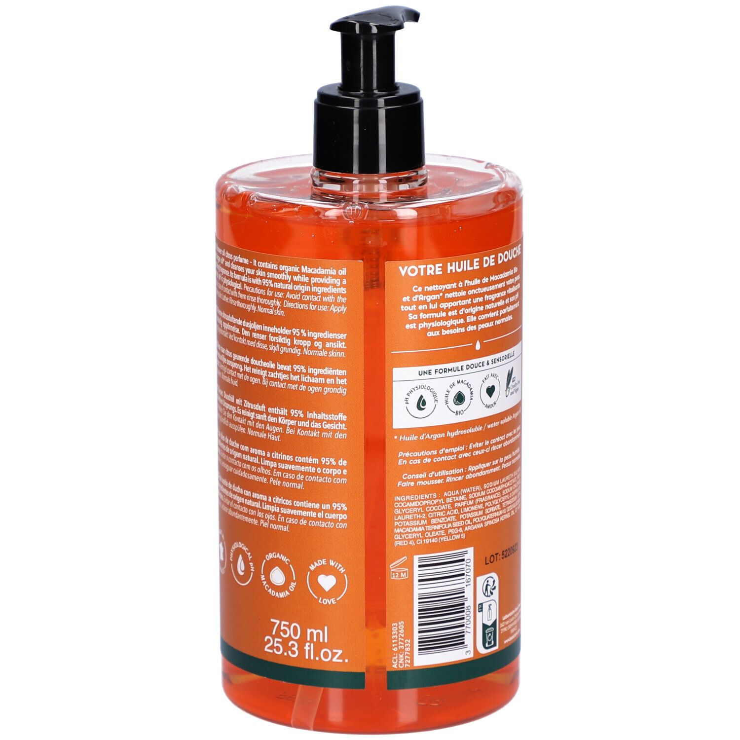 Rückseite der Beauterra Duschöl Zitrusduft Flasche. Text: Inhaltsstoffe, Anwendungshinweise, 750 ml, 25.3 fl.oz.