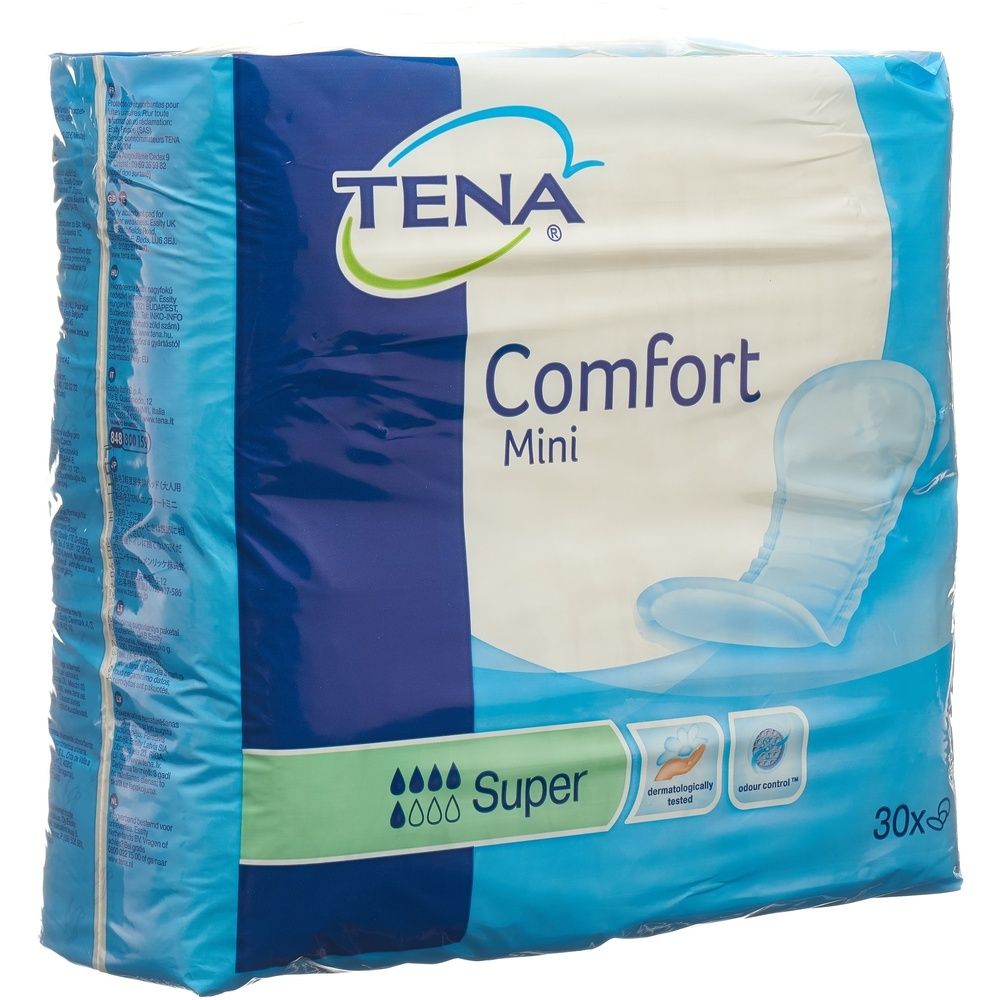 Paquet de TENA Comfort Mini Super. Protections anatomiques. 30 unités. Emballage bleu avec informations produit.