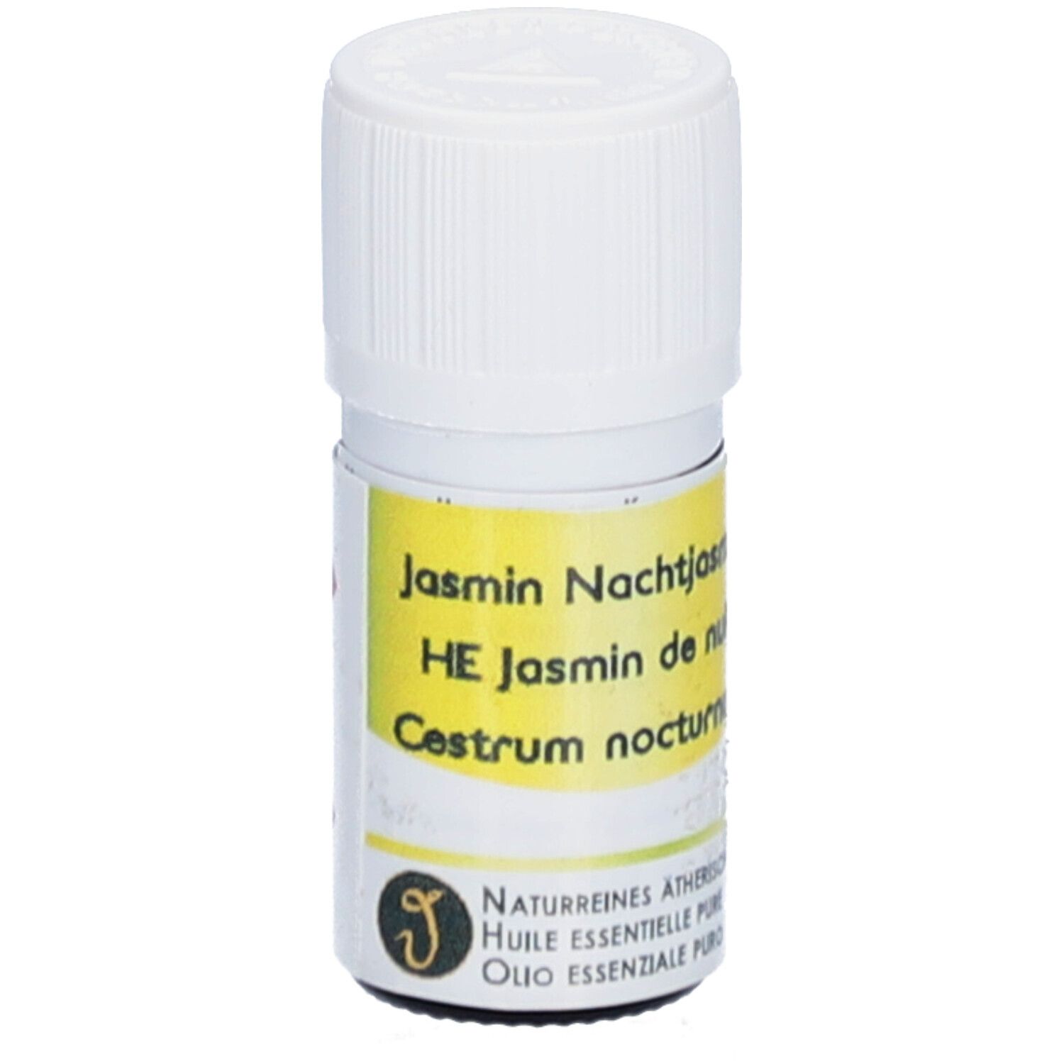 Kleine Glasflasche mit weißem Deckel. Gelbes Etikett mit Text: Jasmin Nachtjasmin, HE Jasmin de nuit, Cestrum nocturnum. Logo.