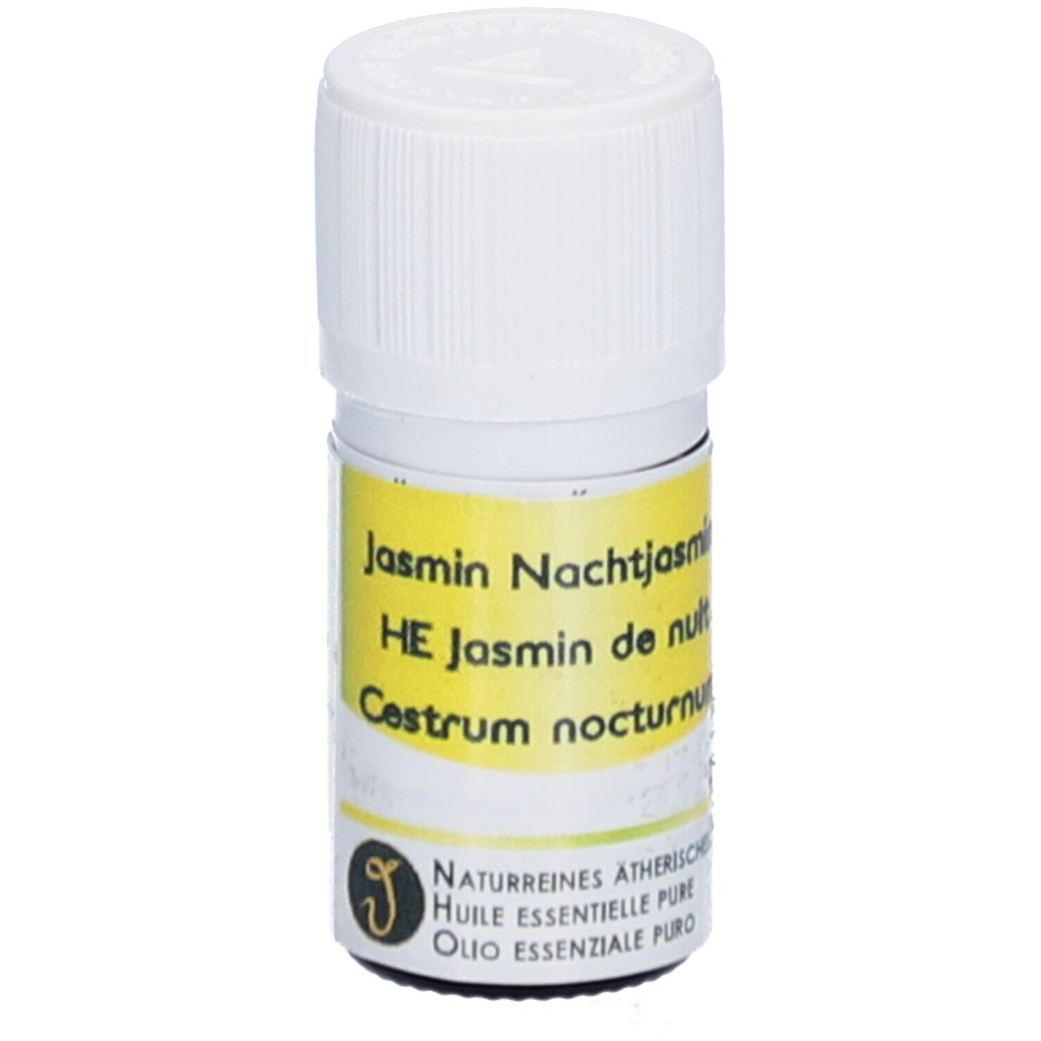 Kleine Glasflasche mit weißem Deckel. Gelbes Etikett mit Text: Jasmin Nachtjasmin, HE Jasmin de nuit, Cestrum nocturnum. Logo.