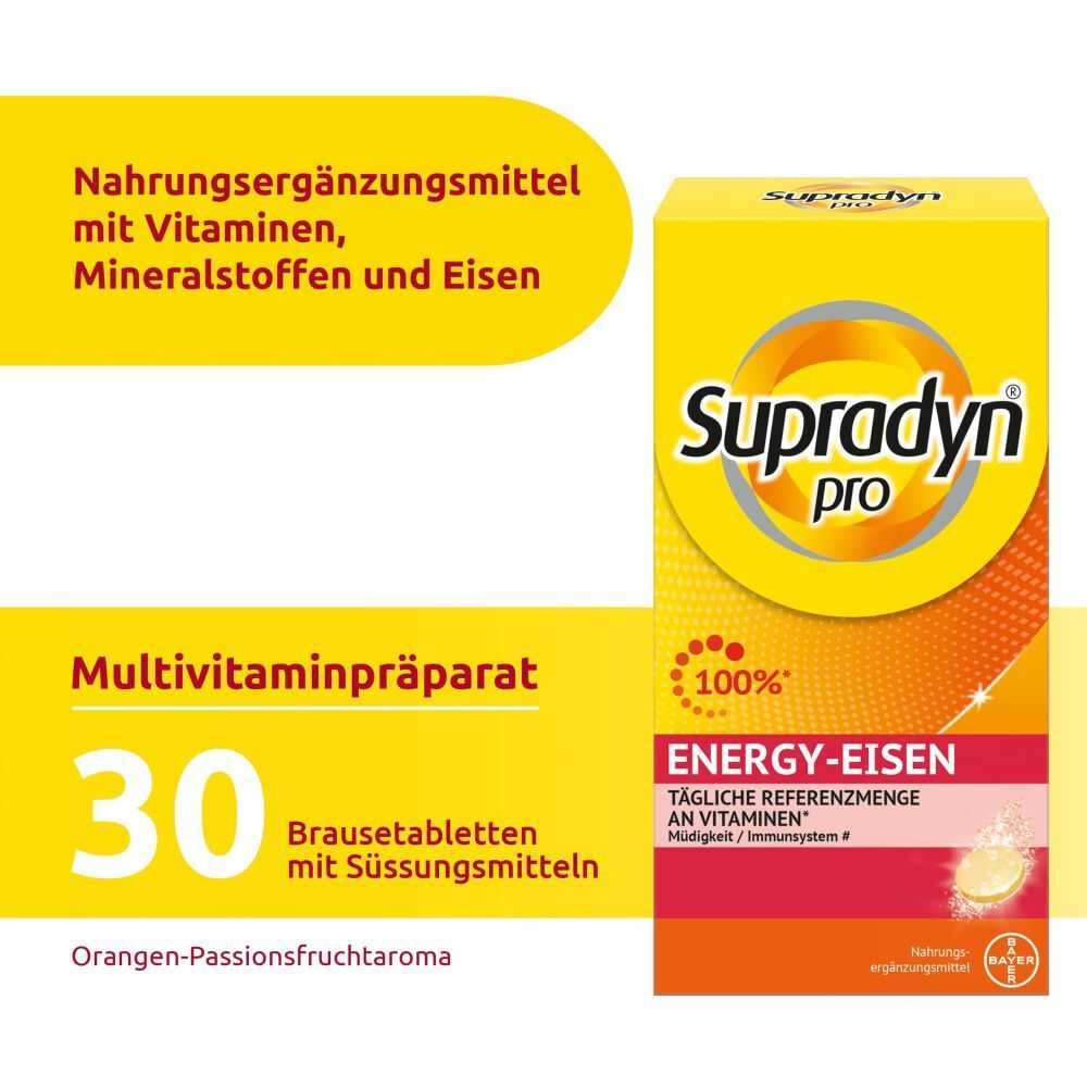 Boîte jaune "Supradyn pro Energy-Eisen". 30 comprimés effervescents. Texte: Complément alimentaire avec vitamines, minéraux et fer.