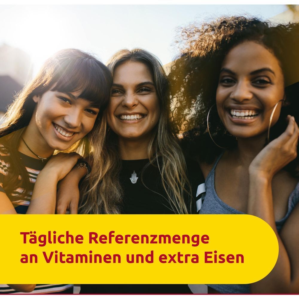 Trois femmes souriantes. Texte: Apport journalier de référence en vitamines et fer supplémentaire.