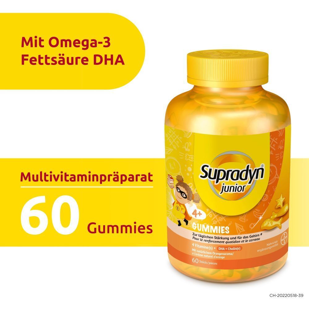 Gelbe Flasche Supradyn Junior Gummies. Aufschrift: 60 Gummies. Mit Omega-3 Fettsäure DHA.