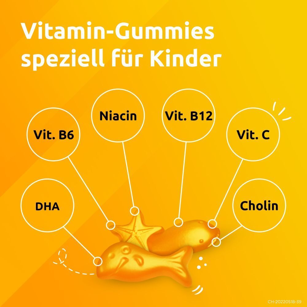 Grafik mit Vitamin-Gummies. Nährstoffe: Vit. B6, Niacin, Vit. B12, Vit. C, DHA, Cholin. Fischform.