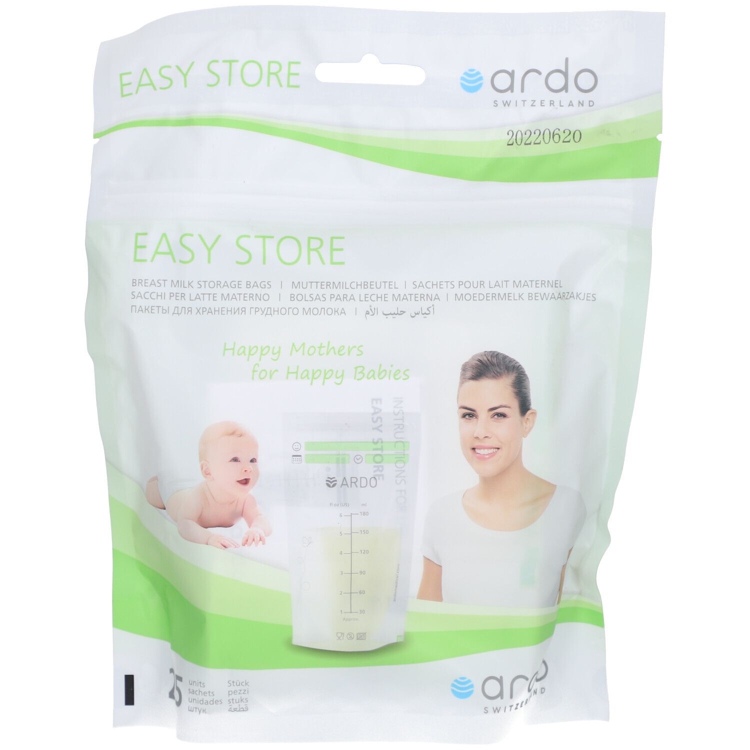 Verpackung mit Muttermilchbeuteln. Aufdruck: EASY STORE, Logo, Frau und Baby. Beutel mit Messskala.