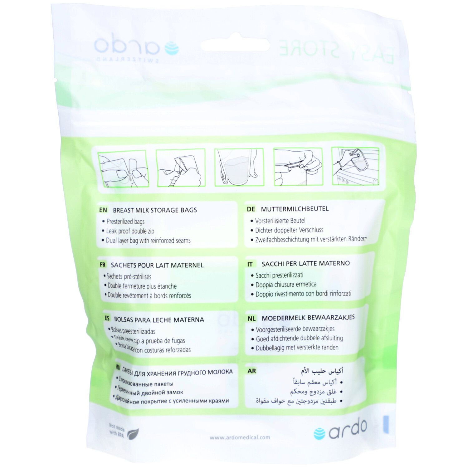 Rückseite der Verpackung mit Illustrationen und Texten in verschiedenen Sprachen. Produktbezeichnung: Muttermilchbeutel.