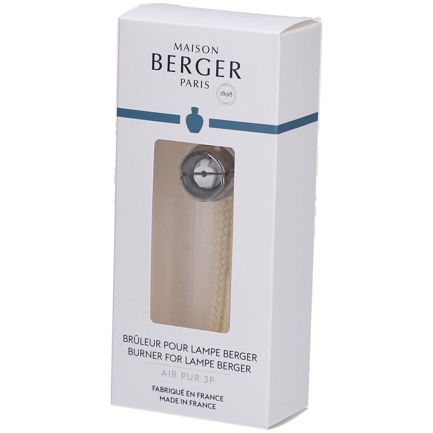 Verpackung mit Ersatzbrenner. Sichtfenster zeigt Produkt. Text: Maison Berger Paris, Air Pur 3P, Made in France.