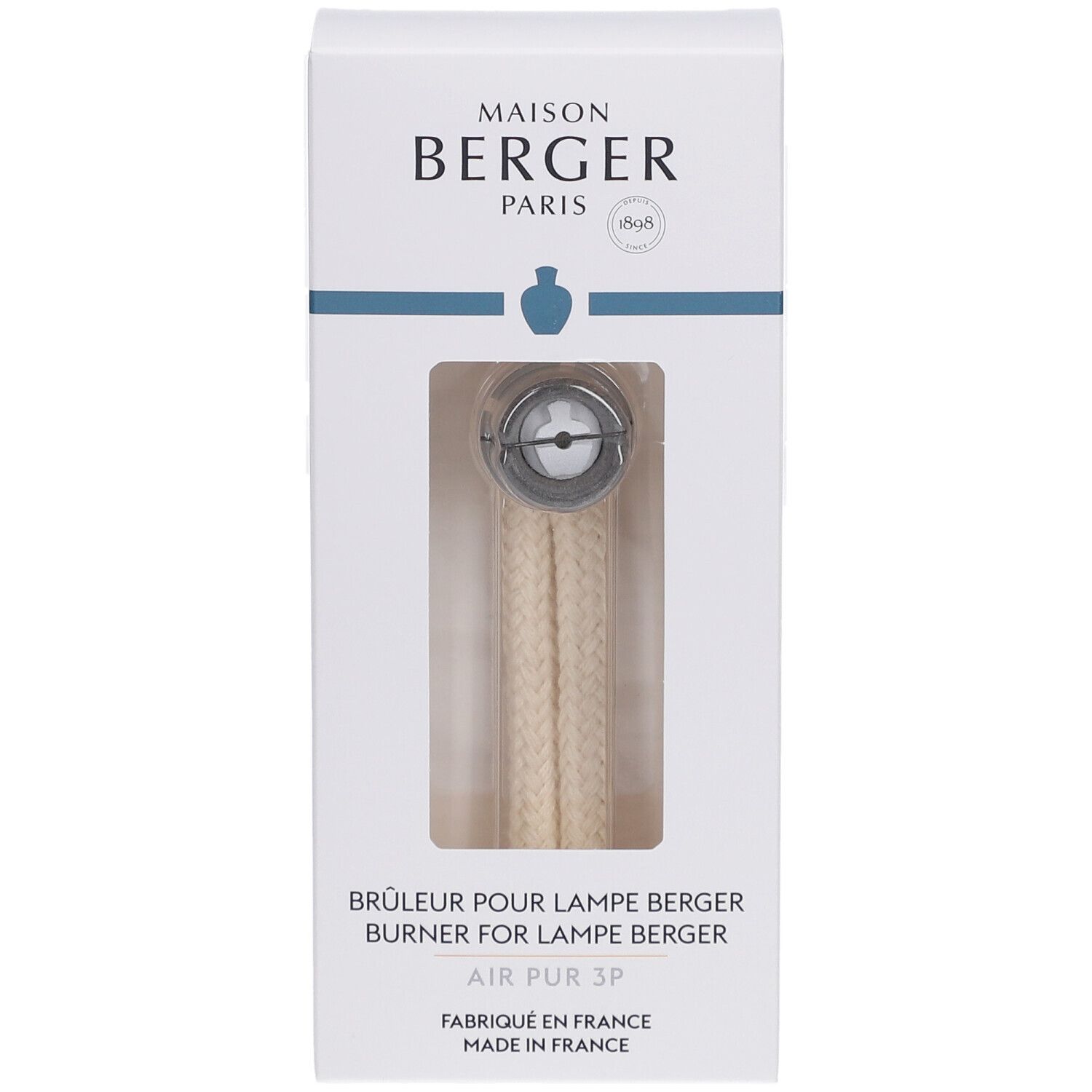 Verpackung mit Ersatzbrenner. Sichtfenster zeigt Produkt. Text: Maison Berger Paris, Air Pur 3P, Made in France.