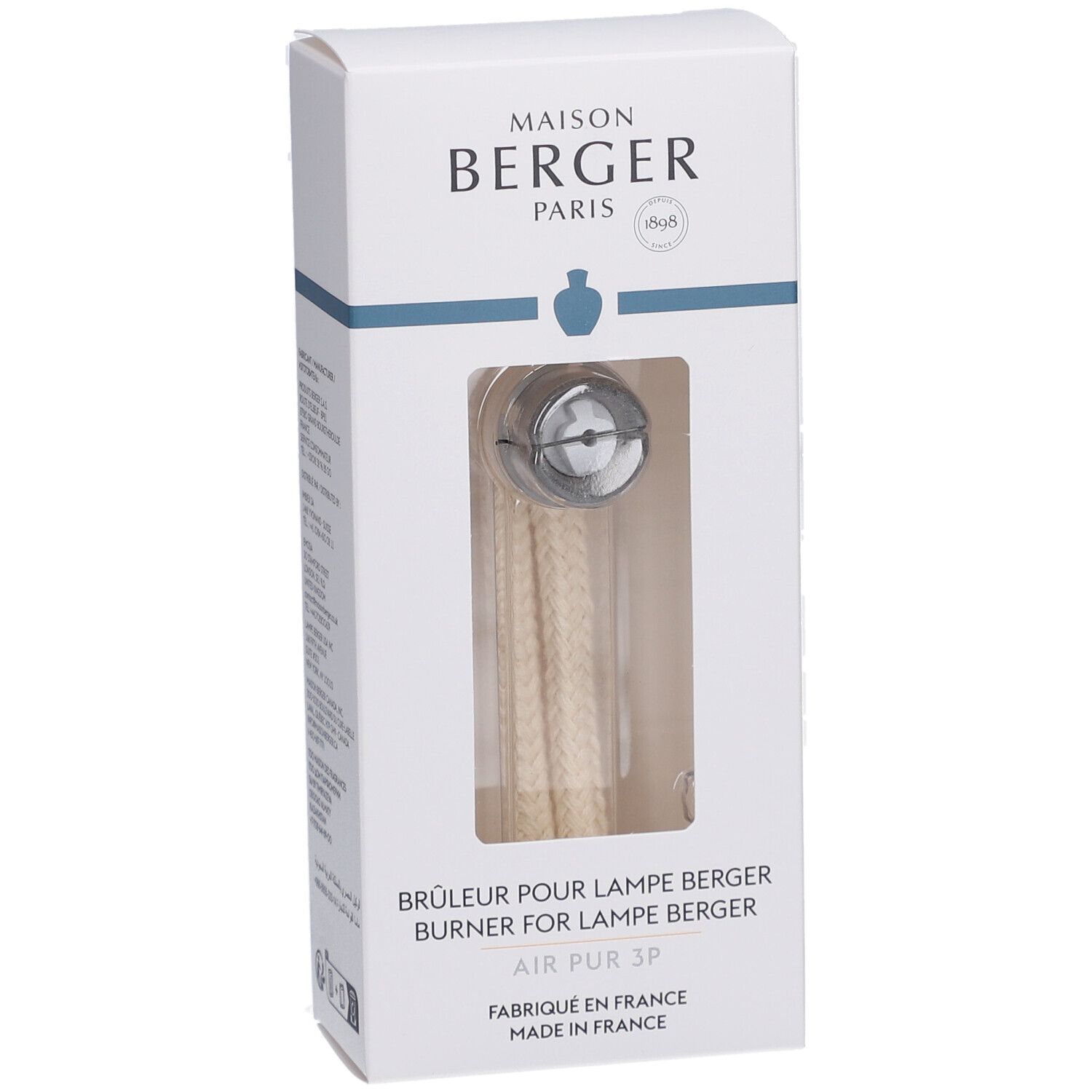 Verpackung mit Ersatzbrenner. Sichtfenster zeigt Produkt. Text: Maison Berger Paris, Air Pur 3P, Made in France.