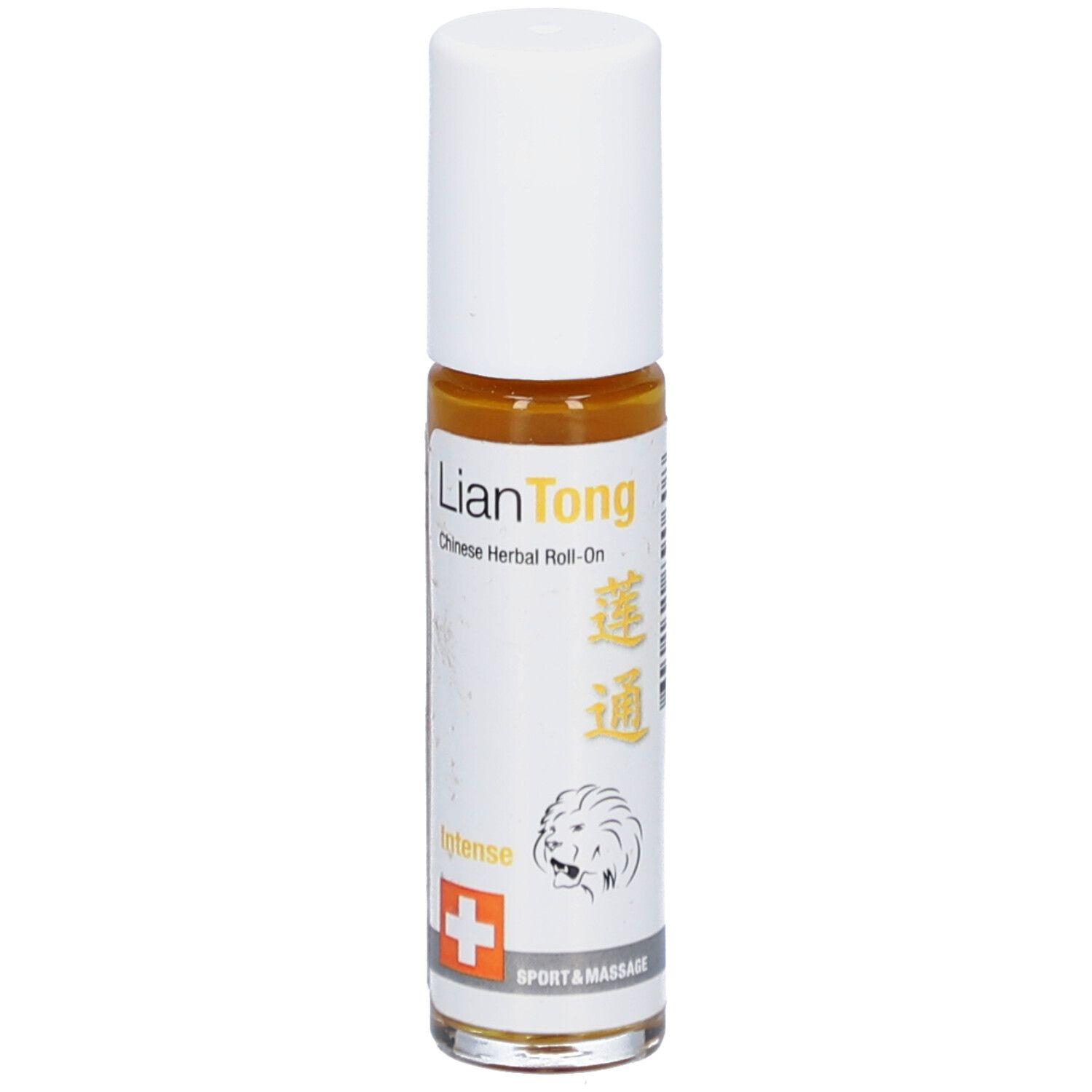 Roll-On-Flasche mit weißem Deckel. Aufschrift: LianTong, Chinese Herbal Roll-On. Schweizer Kreuz. Logo: Löwe.