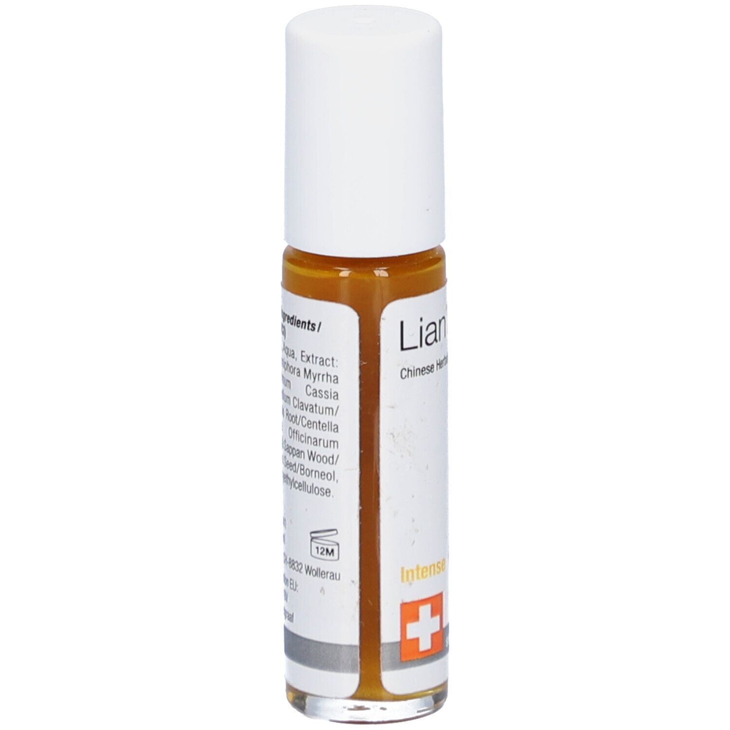 Roll-On-Flasche mit Inhaltsstoffangaben. Aufschrift: LianTong, Chinese Herbal Roll-On. Schweizer Kreuz. Text.