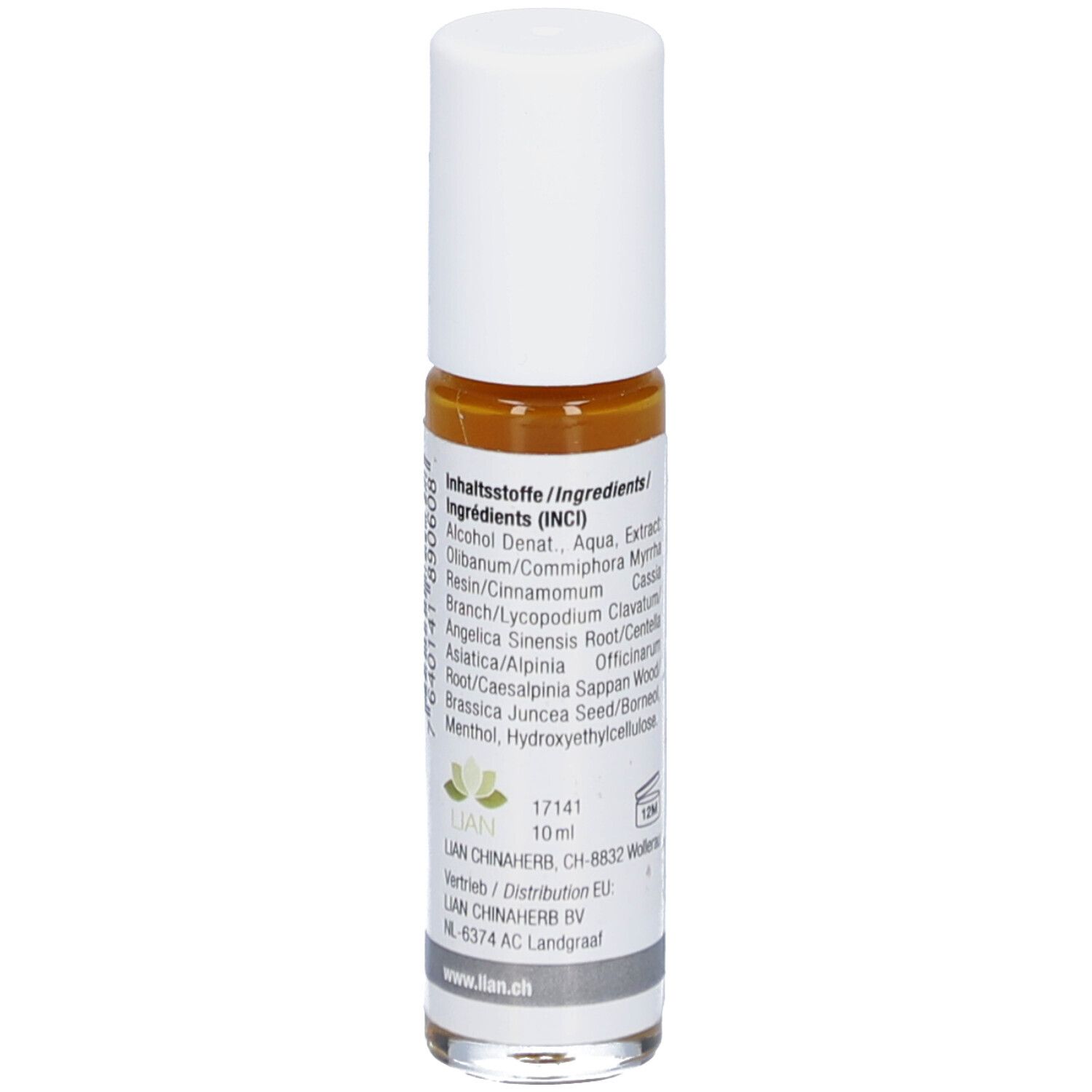 Roll-On-Flasche mit Inhaltsstoffangaben. Aufschrift: LianTong, Chinese Herbal Roll-On. Text. Logo: Blüte.