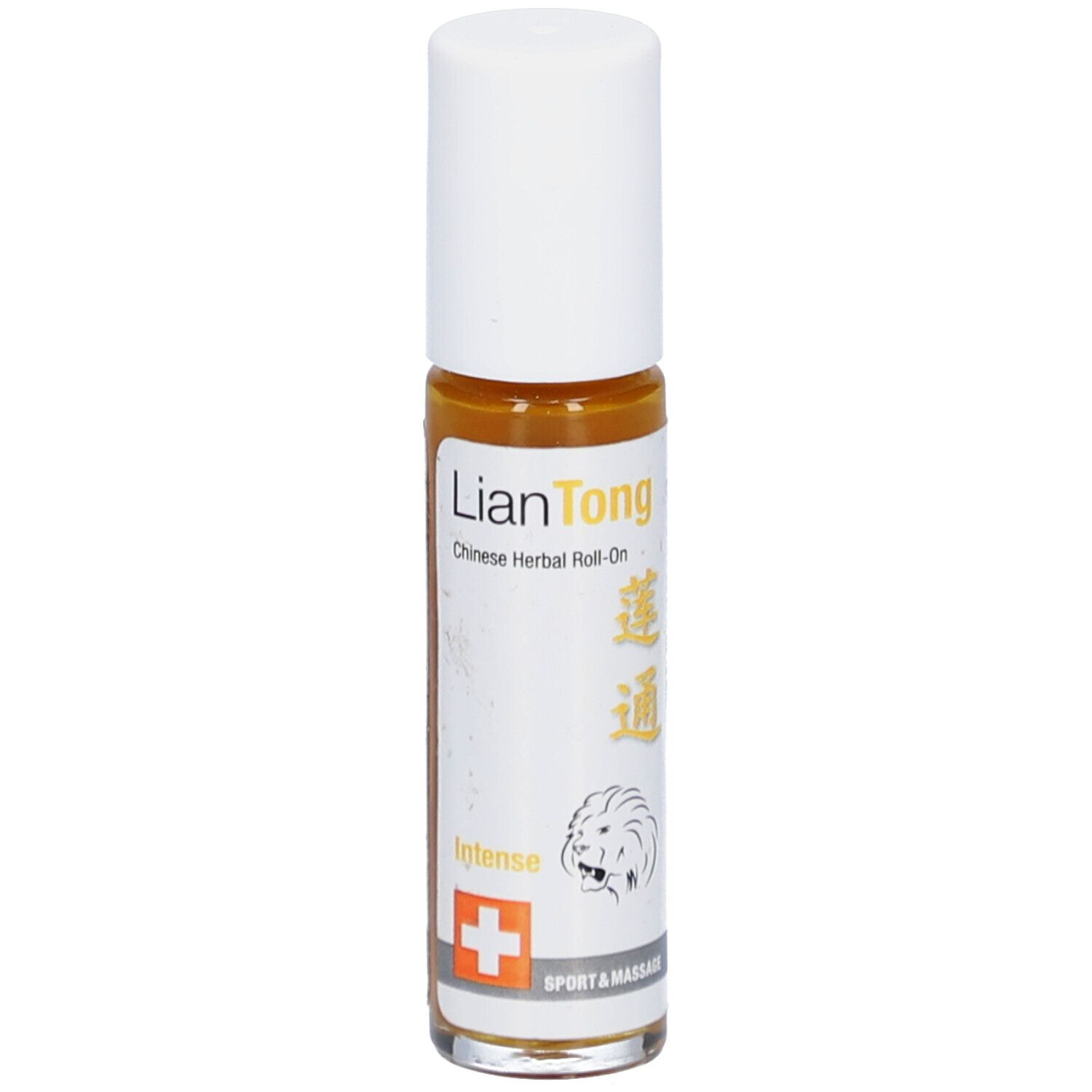 Roll-On-Flasche mit weißem Deckel. Aufschrift: LianTong, Chinese Herbal Roll-On. Schweizer Kreuz. Logo: Löwe.