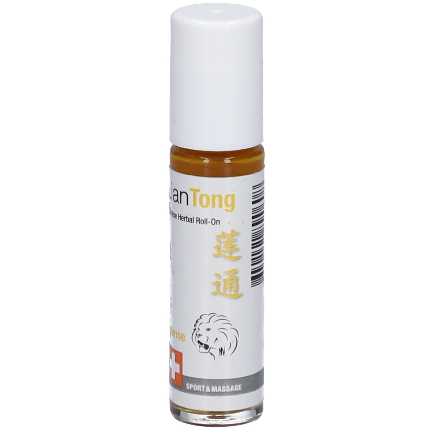 Roll-On-Flasche mit weißem Deckel. Aufschrift: LianTong, Chinese Herbal Roll-On. Schweizer Kreuz. Logo: Löwe.