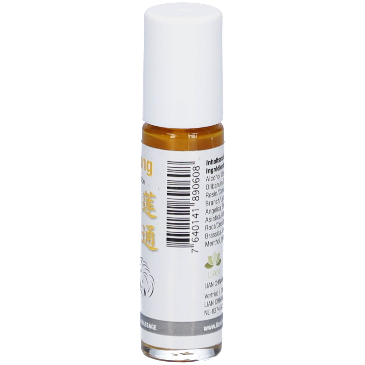 Roll-On-Flasche mit Inhaltsstoffangaben. Aufschrift: LianTong, Chinese Herbal Roll-On. Text. Barcode.
