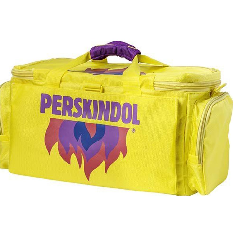 Gelbe Tasche mit lila Griff und PERSKINDOL-Logo. Seitliche Reißverschlusstaschen. Aufschrift in Lila.