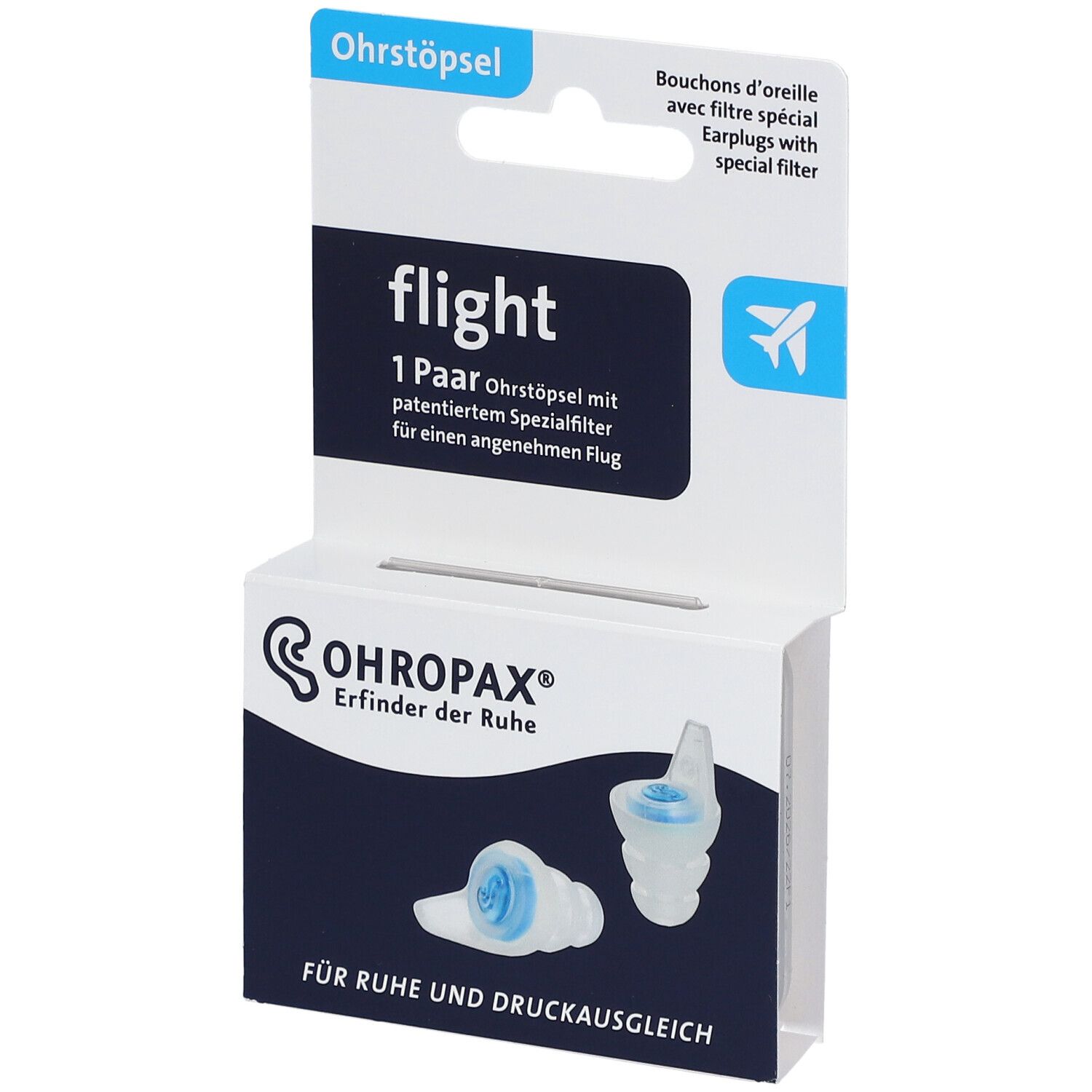 OHROPAX Flight. Boîte d'écouteurs. Bouchons d'oreille bleus avec filtre. Texte: "flight", "1 paire", "OHROPAX".