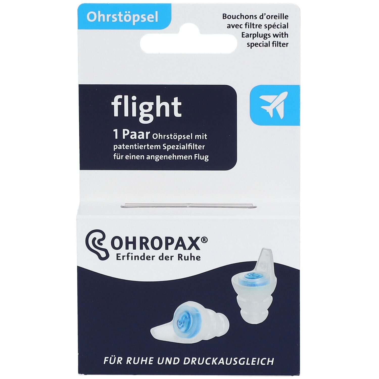 OHROPAX Flight. Boîte d'écouteurs. Bouchons d'oreille bleus avec filtre. Texte: "flight", "1 paire", "OHROPAX".