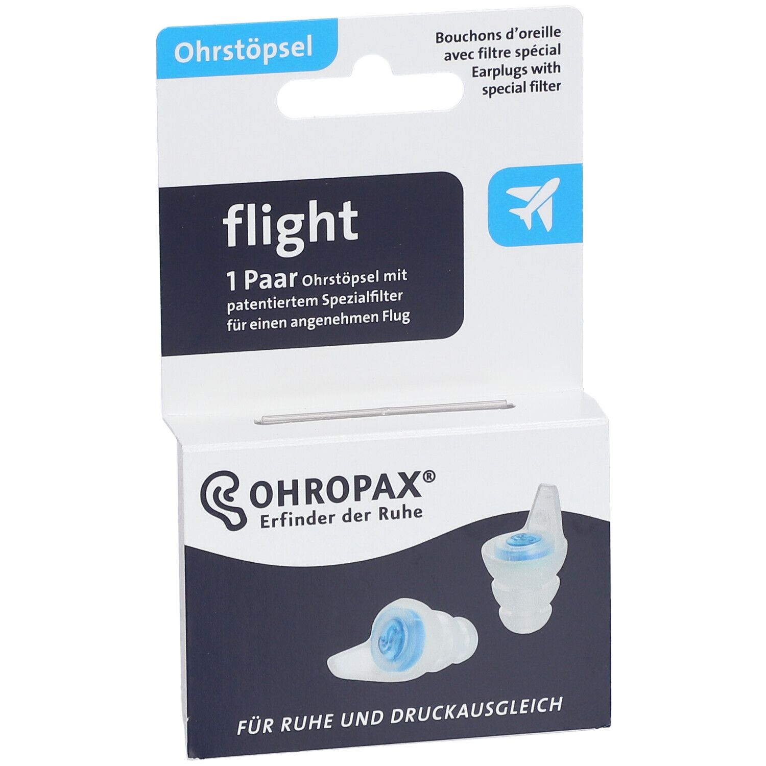 OHROPAX Flight. Boîte d'écouteurs. Bouchons d'oreille bleus avec filtre. Texte: "flight", "1 paire", "OHROPAX".