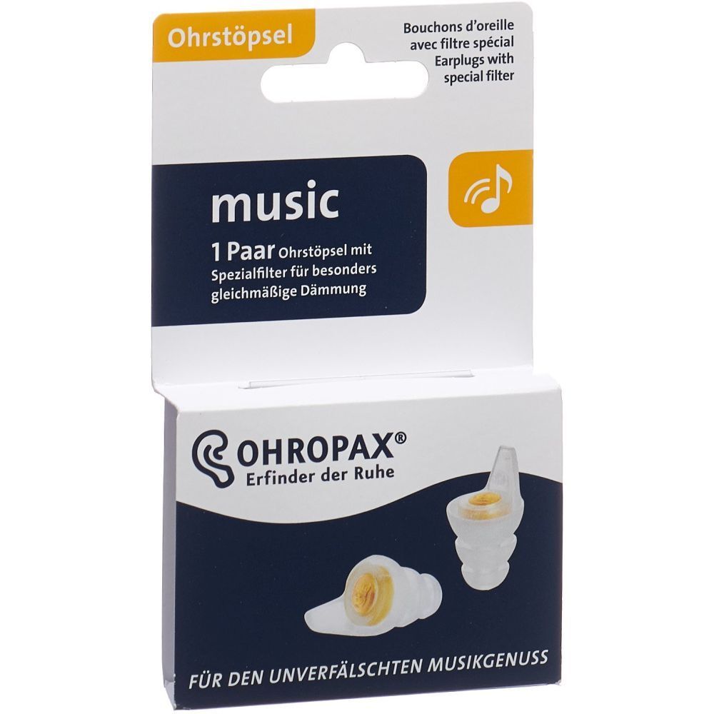 Verpackung OHROPAX Musik. Enthält Ohrstöpsel mit Spezialfilter. Marke und Produktname deutlich sichtbar.