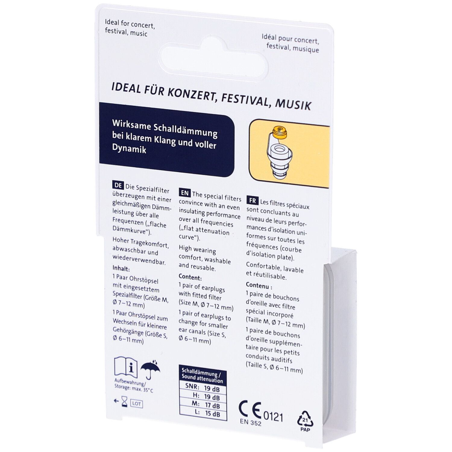 Rückseite der Verpackung mit Informationen. Aufschrift: Ideal für Konzert, Festival, Musik. SNR 19 dB. CE-Kennzeichnung.