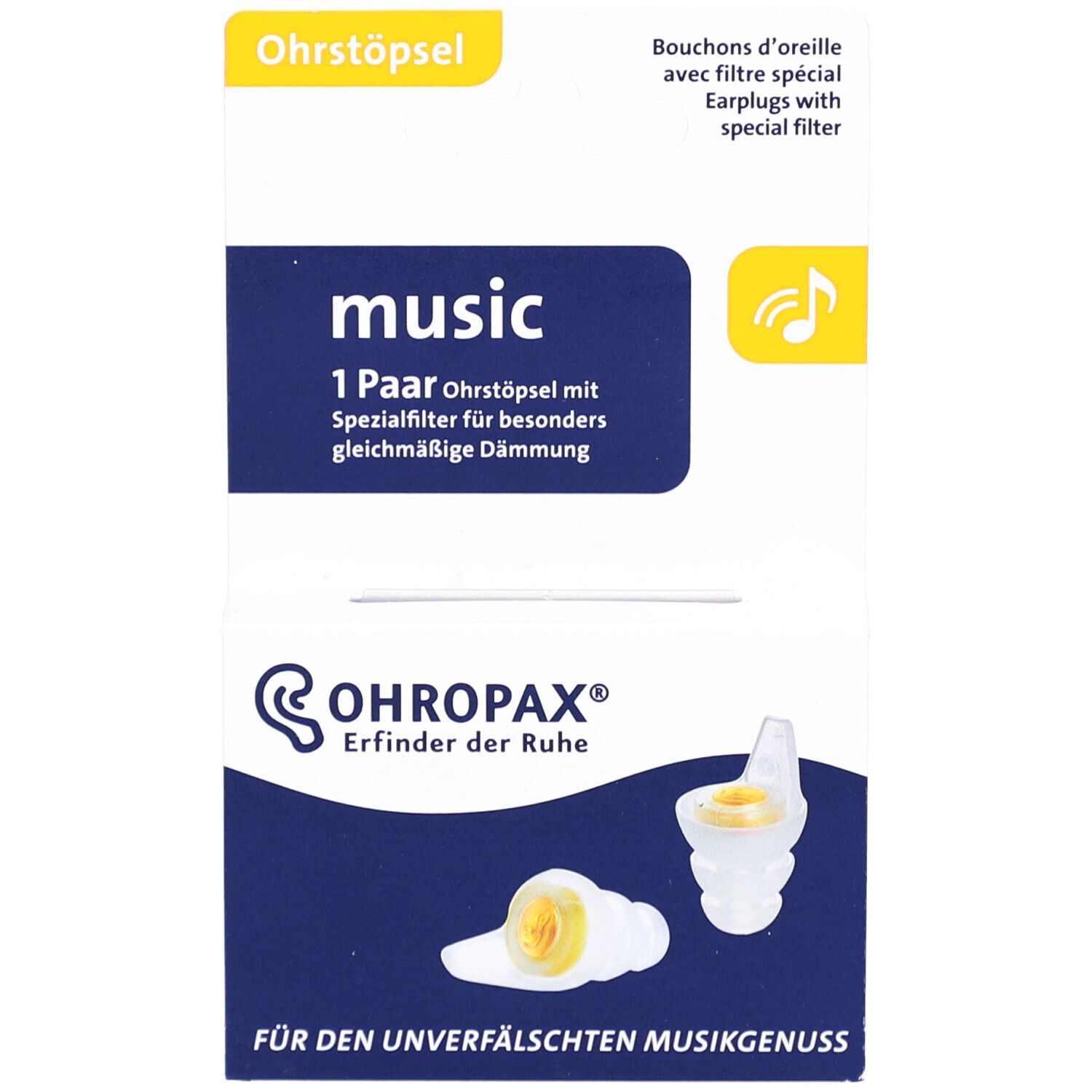 Verpackung mit Ohrstöpseln. Aufschrift: music, 1 Paar. Marke OHROPAX. Gelb-transparente Ohrstöpsel abgebildet.