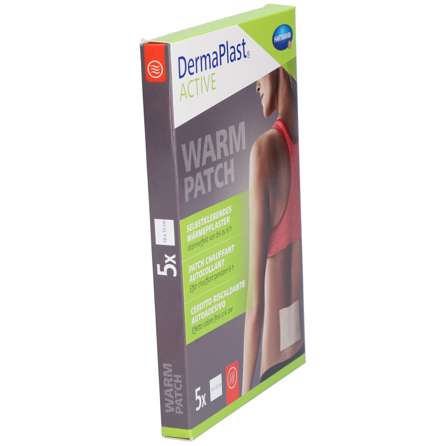 Verpackung mit Dermaplast® Aktiv Wärmepflaster. 5 Stück. Grün-weißes Design mit Produktabbildung und Frau.