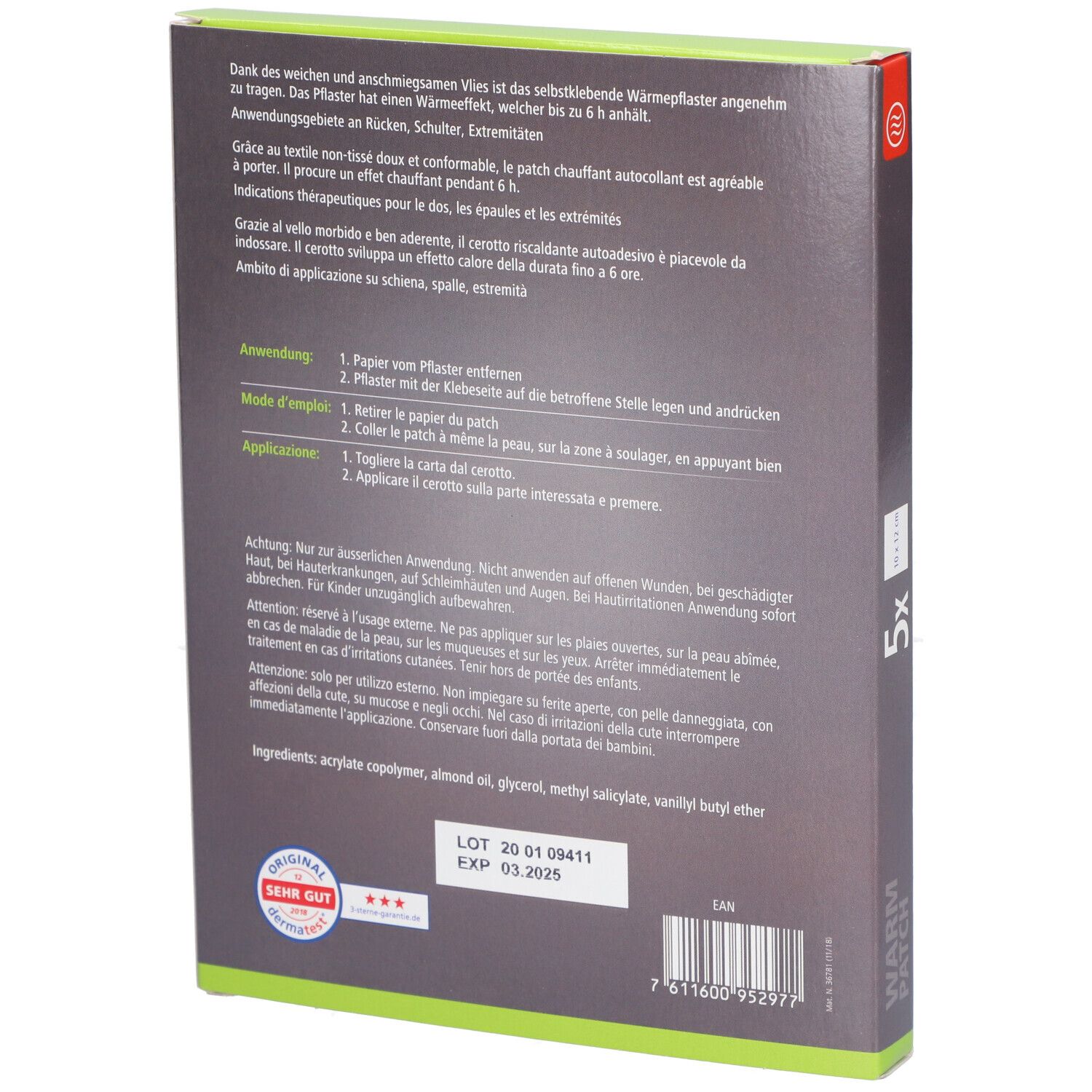 Rückseite der Verpackung mit Informationen zu Dermaplast® Aktiv Wärmepflaster. Text in Deutsch, Italienisch, Französisch.