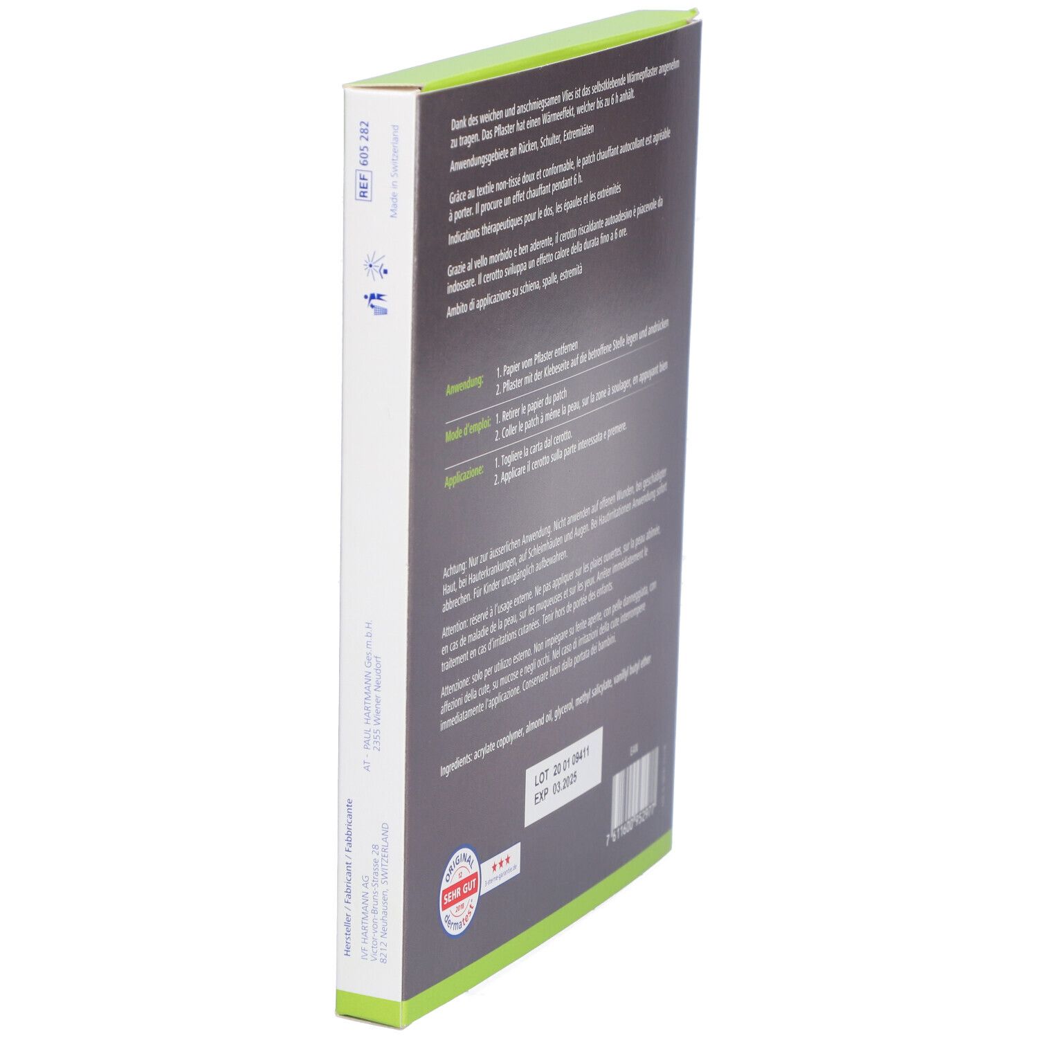 Seitenansicht der Verpackung mit Informationen zu Dermaplast® Aktiv Wärmepflaster. Text und Logos.