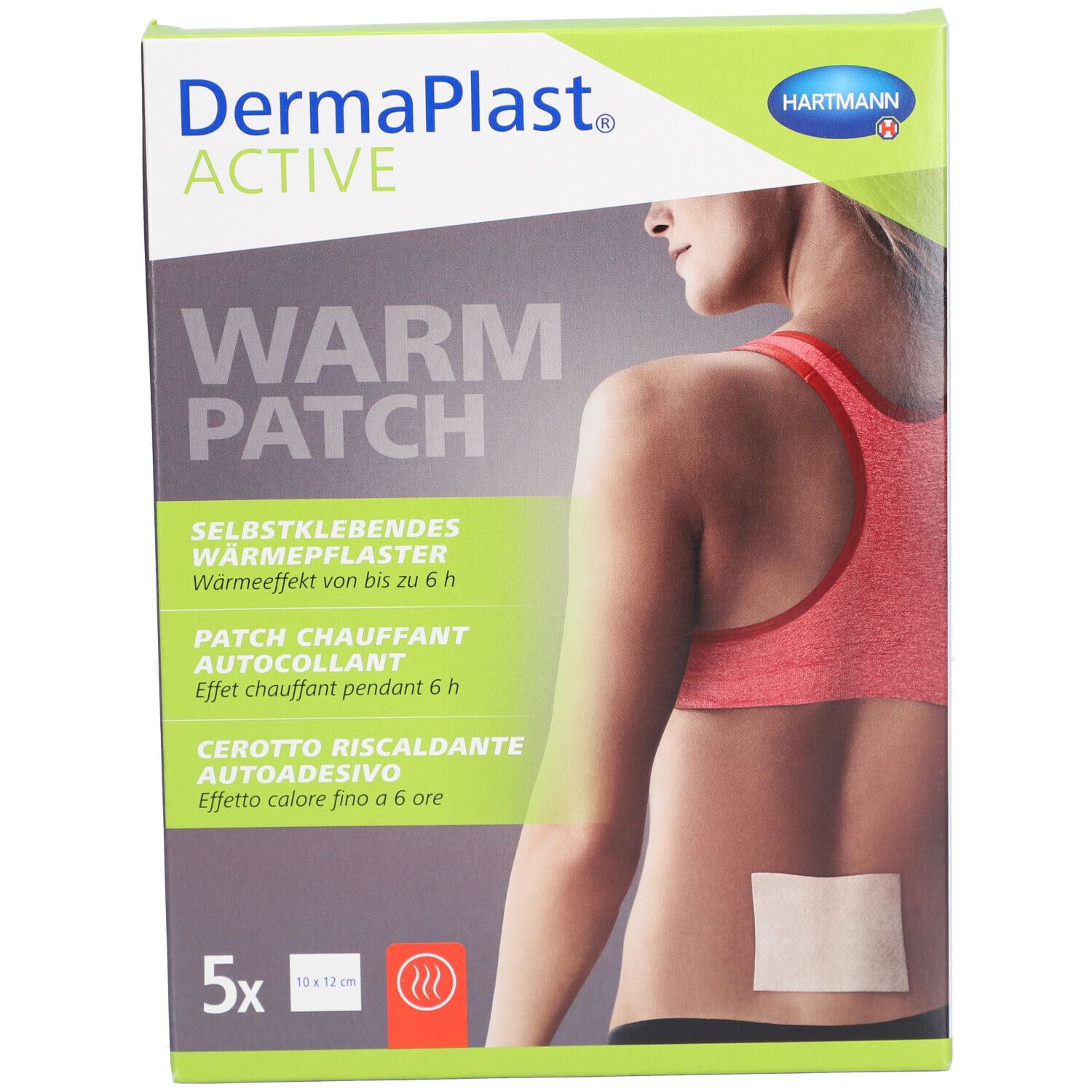 Vorderseite der Verpackung mit Dermaplast® Aktiv Wärmepflaster. 5 Stück. Frau mit Pflaster am Rücken.