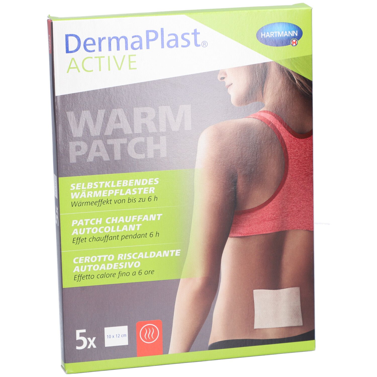 Vorderseite der Verpackung mit Dermaplast® Aktiv Wärmepflaster. 5 Stück. Frau mit Pflaster am Rücken.