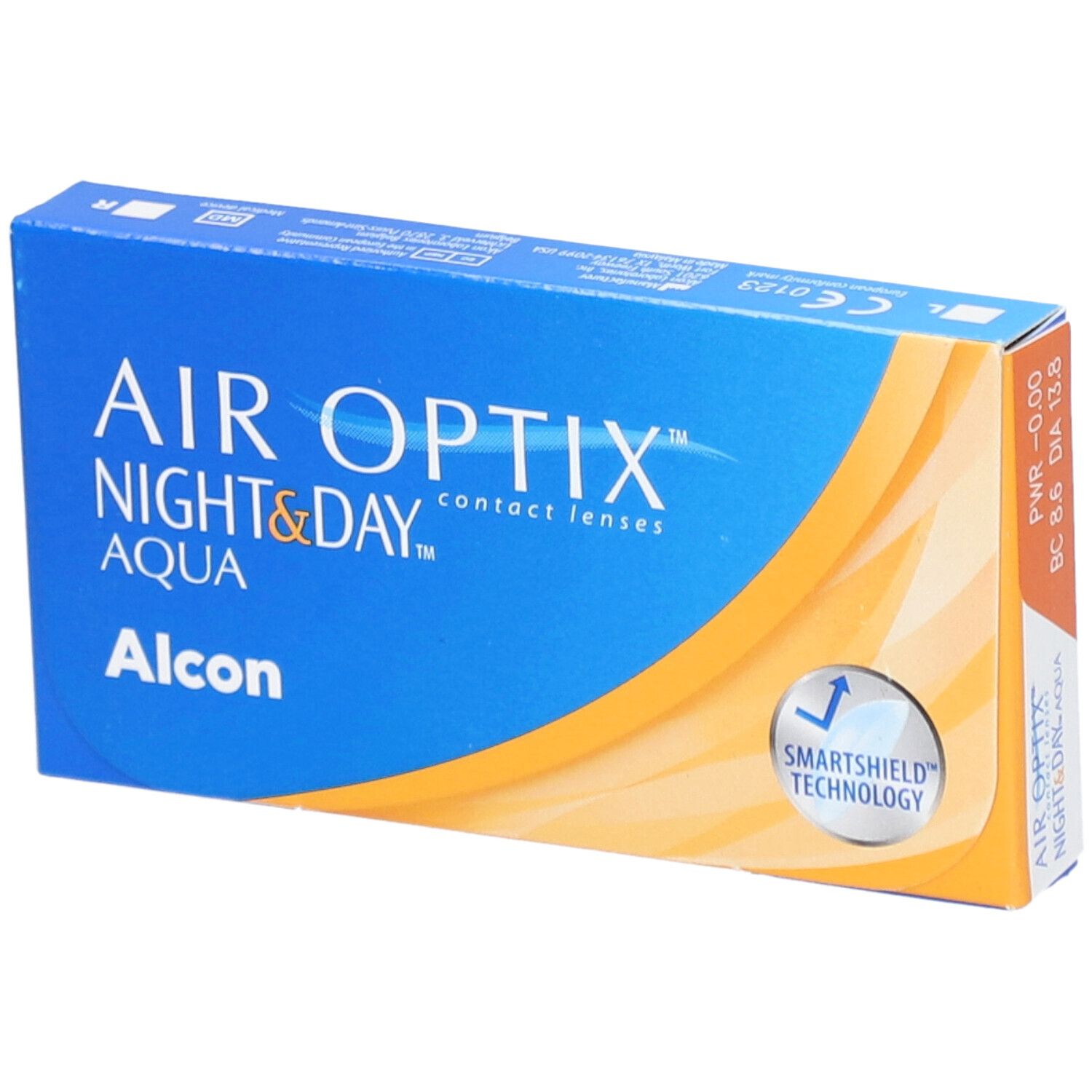 Blau-weiße Verpackung von AIR OPTIX Night & Day Aqua Kontaktlinsen. Alcon-Logo und SmartShield-Technologie-Symbol.