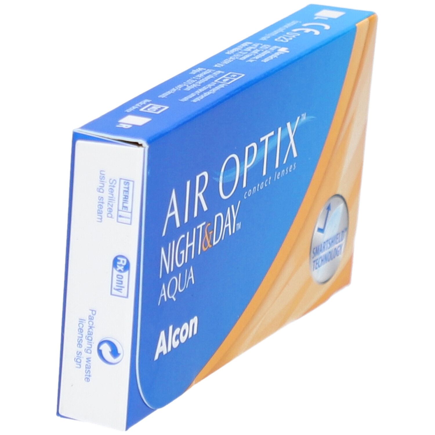 Schräg stehende blaue Verpackung von AIR OPTIX Night & Day Aqua Kontaktlinsen. Alcon-Logo und SmartShield-Technologie-Symbol.