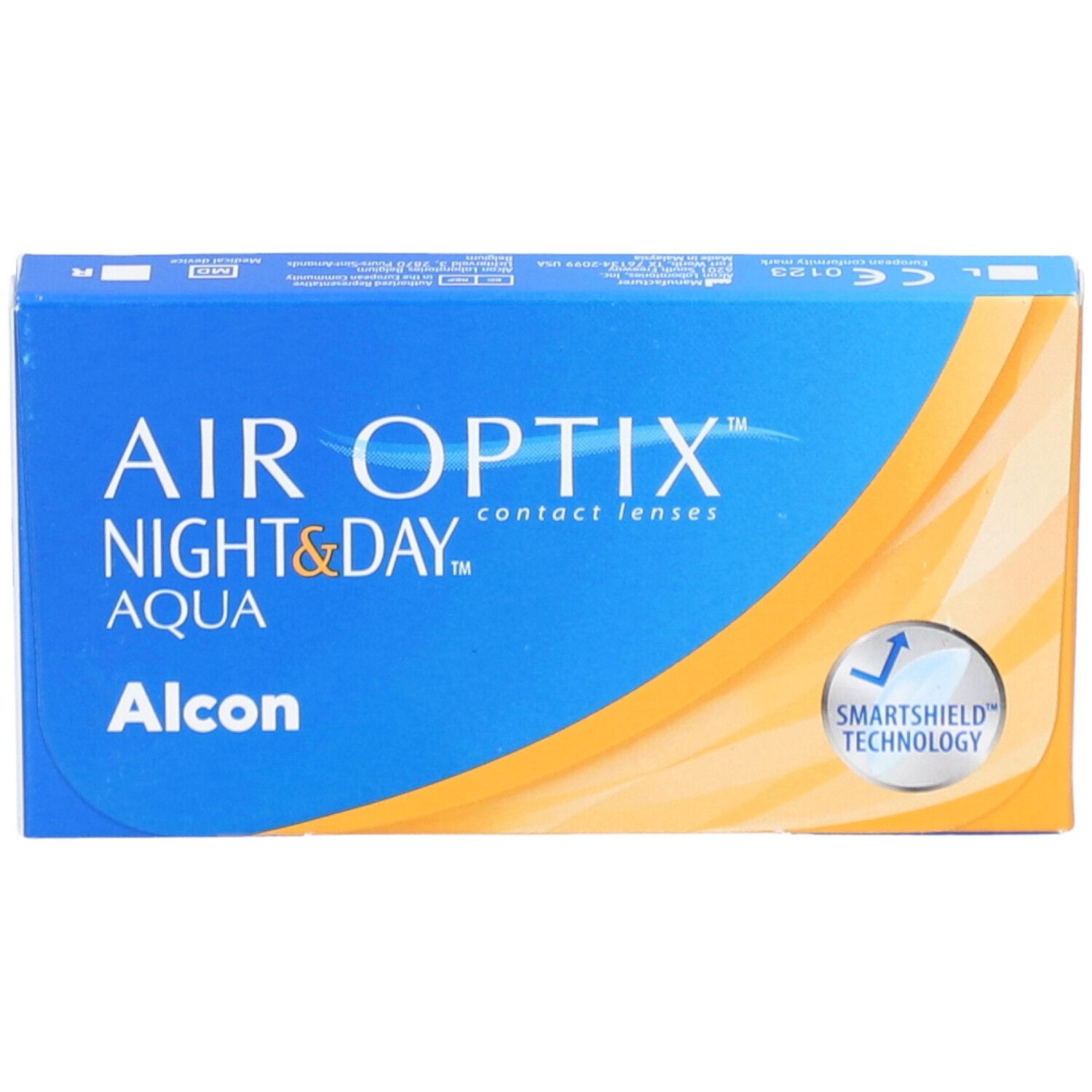 Blaue Verpackung von AIR OPTIX Night & Day Aqua Kontaktlinsen. Alcon-Logo und SmartShield-Technologie-Symbol.