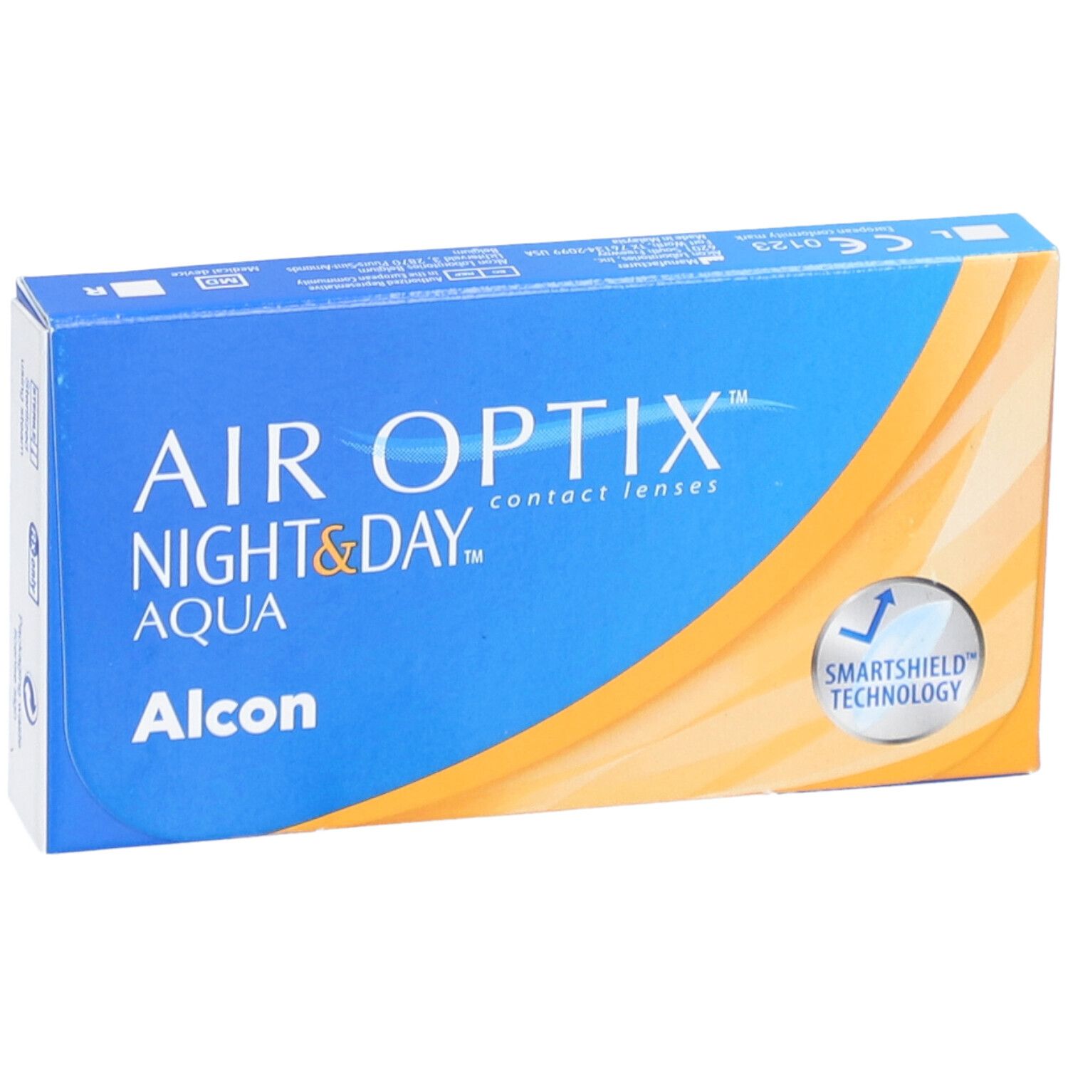 Blaue Verpackung von AIR OPTIX Night & Day Aqua Kontaktlinsen. Alcon-Logo und SmartShield-Technologie-Symbol.
