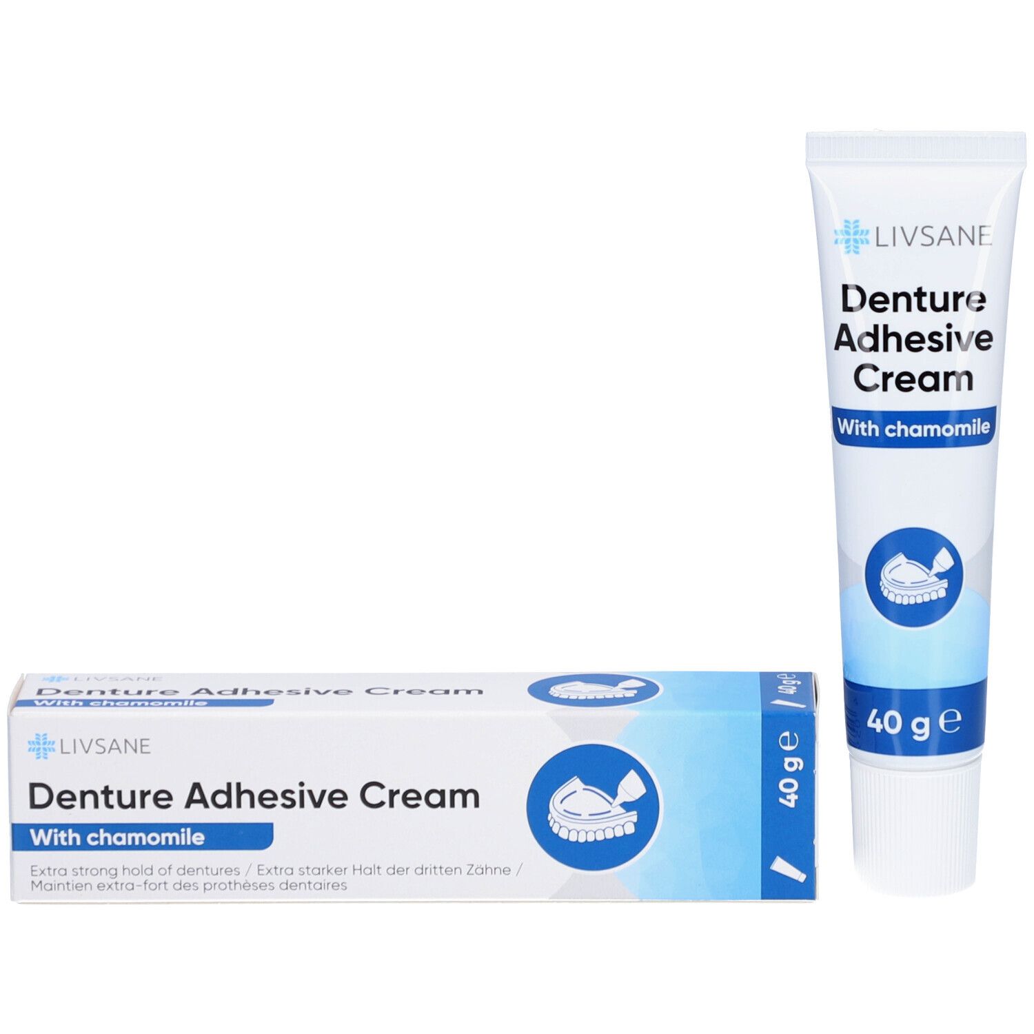 LIVSANE Haftcreme mit Kamille, 40g Tube und Karton.