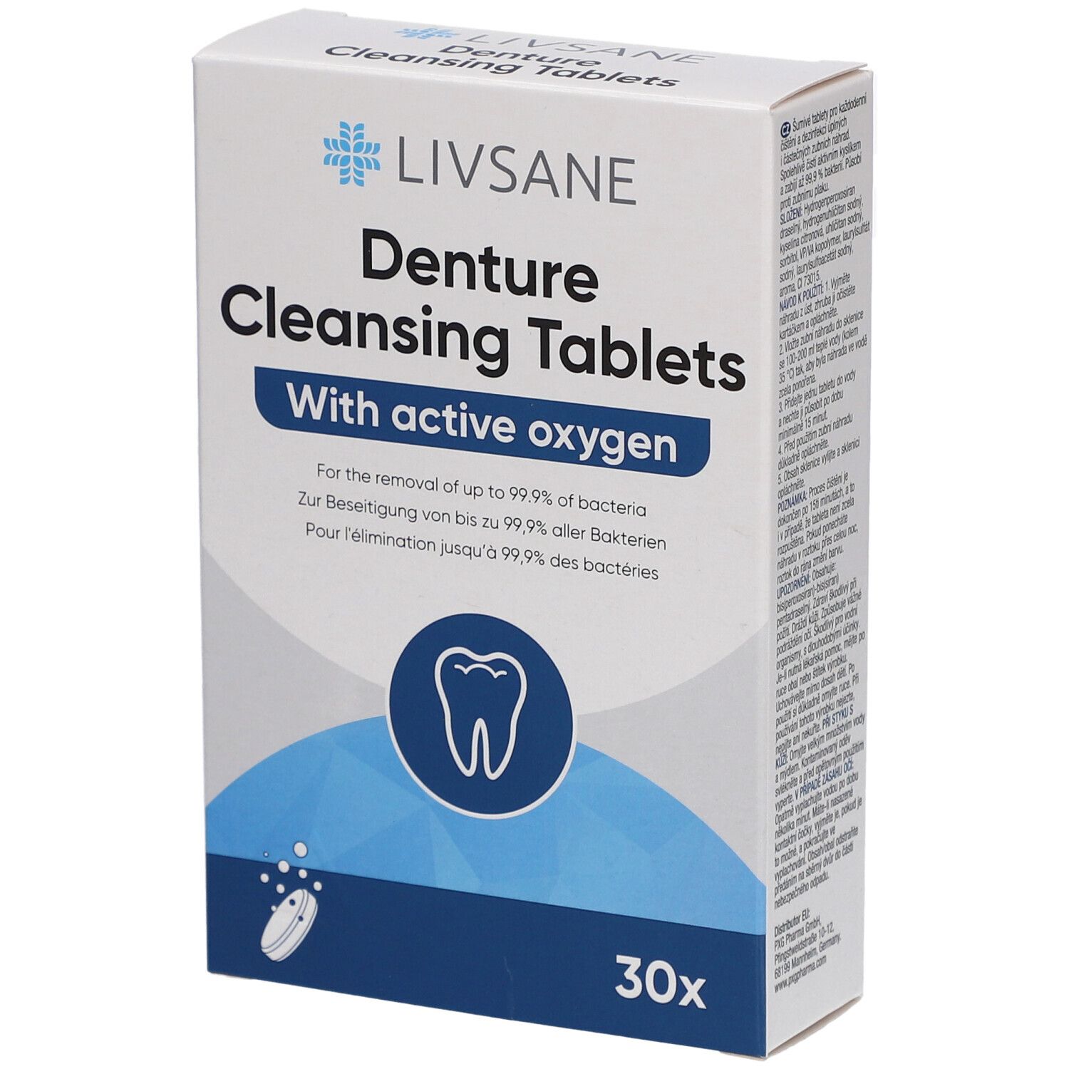 Weißer Karton mit "LIVSANE" und "Denture Cleansing Tablets". Enthält 30 Tabletten. Mit aktivem Sauerstoff.