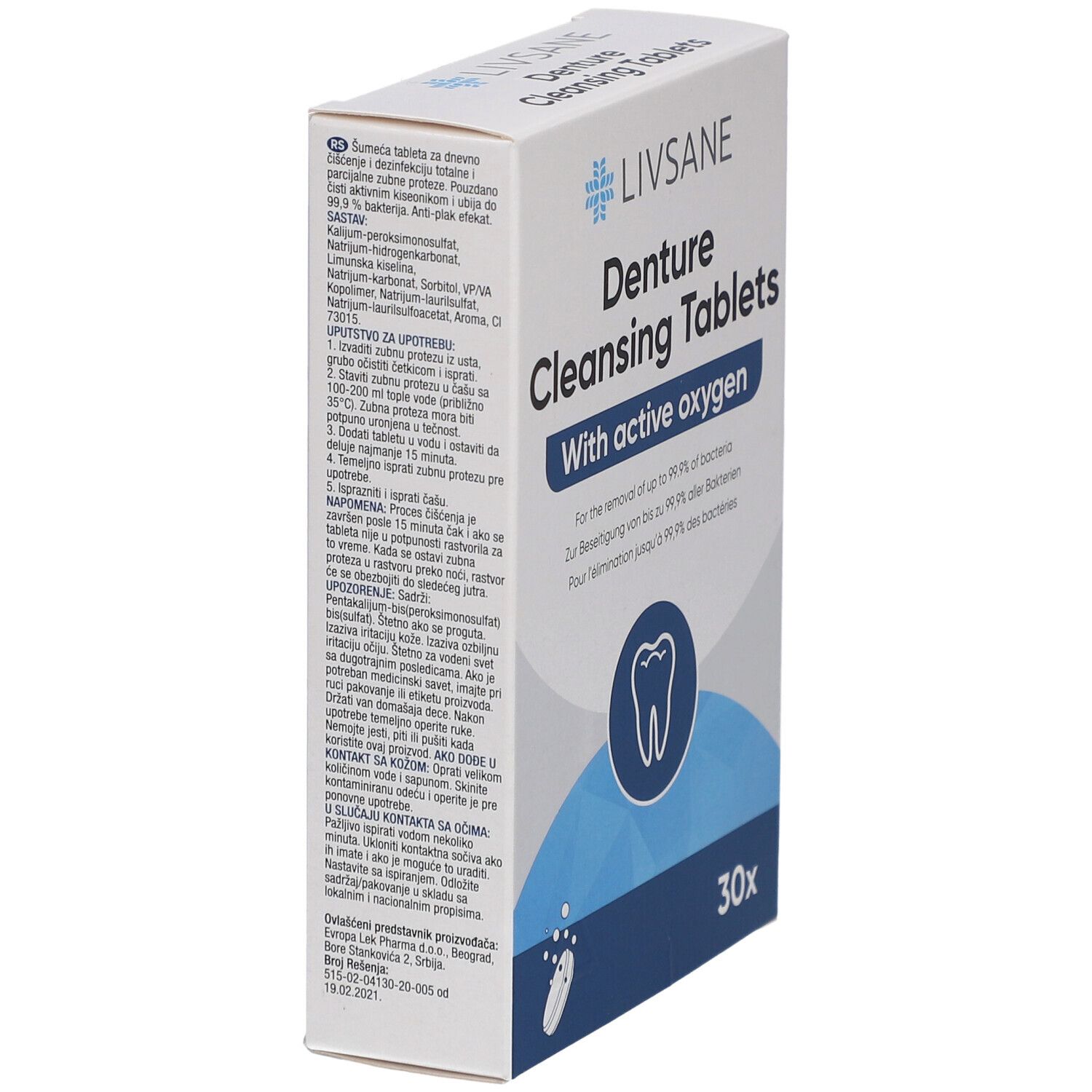 Schräg stehende weiße Schachtel mit "LIVSANE Denture Cleansing Tablets". Text in mehreren Sprachen. 30 Tabletten.