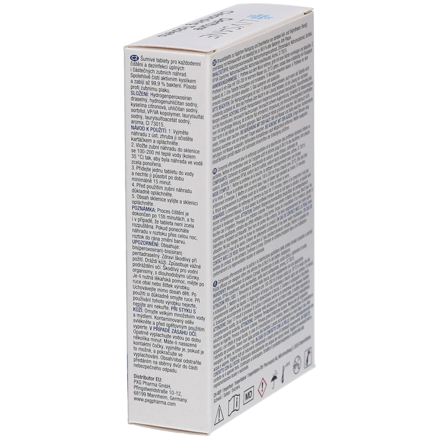 Schachtel mit Text in mehreren Sprachen. Enthält Informationen zu Inhaltsstoffen und Anwendung. Mit Symbolen.