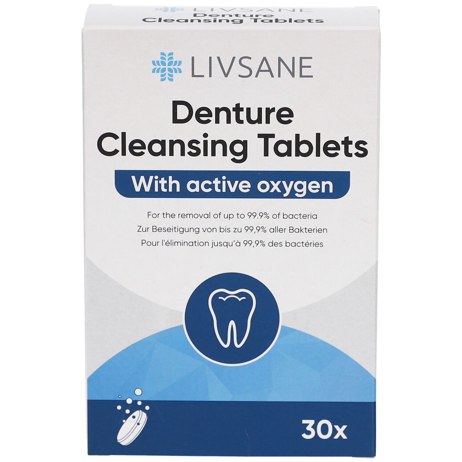Weiße Schachtel mit "LIVSANE Denture Cleansing Tablets". Enthält 30 Tabletten. Mit aktivem Sauerstoff.