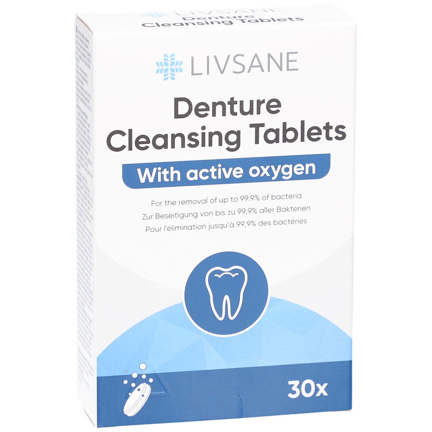 Weiße Schachtel mit "LIVSANE Denture Cleansing Tablets". Enthält 30 Tabletten. Mit aktivem Sauerstoff.