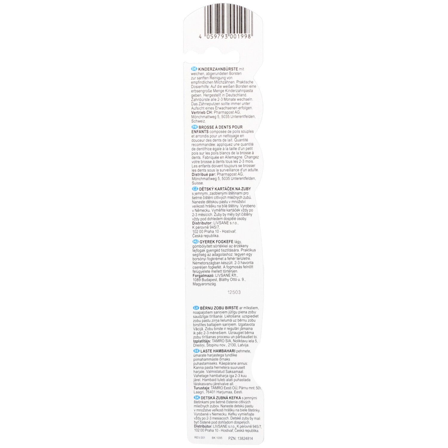 Rückseite der Verpackung mit Text in verschiedenen Sprachen. Barcode oben. Enthält Informationen zum Produkt.