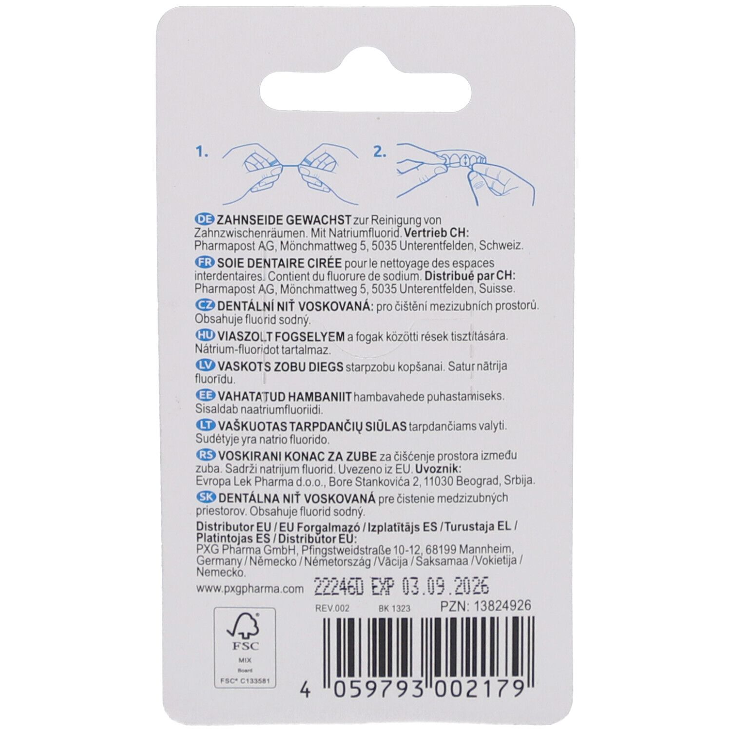 Rückseite der Verpackung mit Text und Illustrationen zur Anwendung. Text: Zahnseide gewachst, Inhaltsstoffe, Herstellerinformationen.