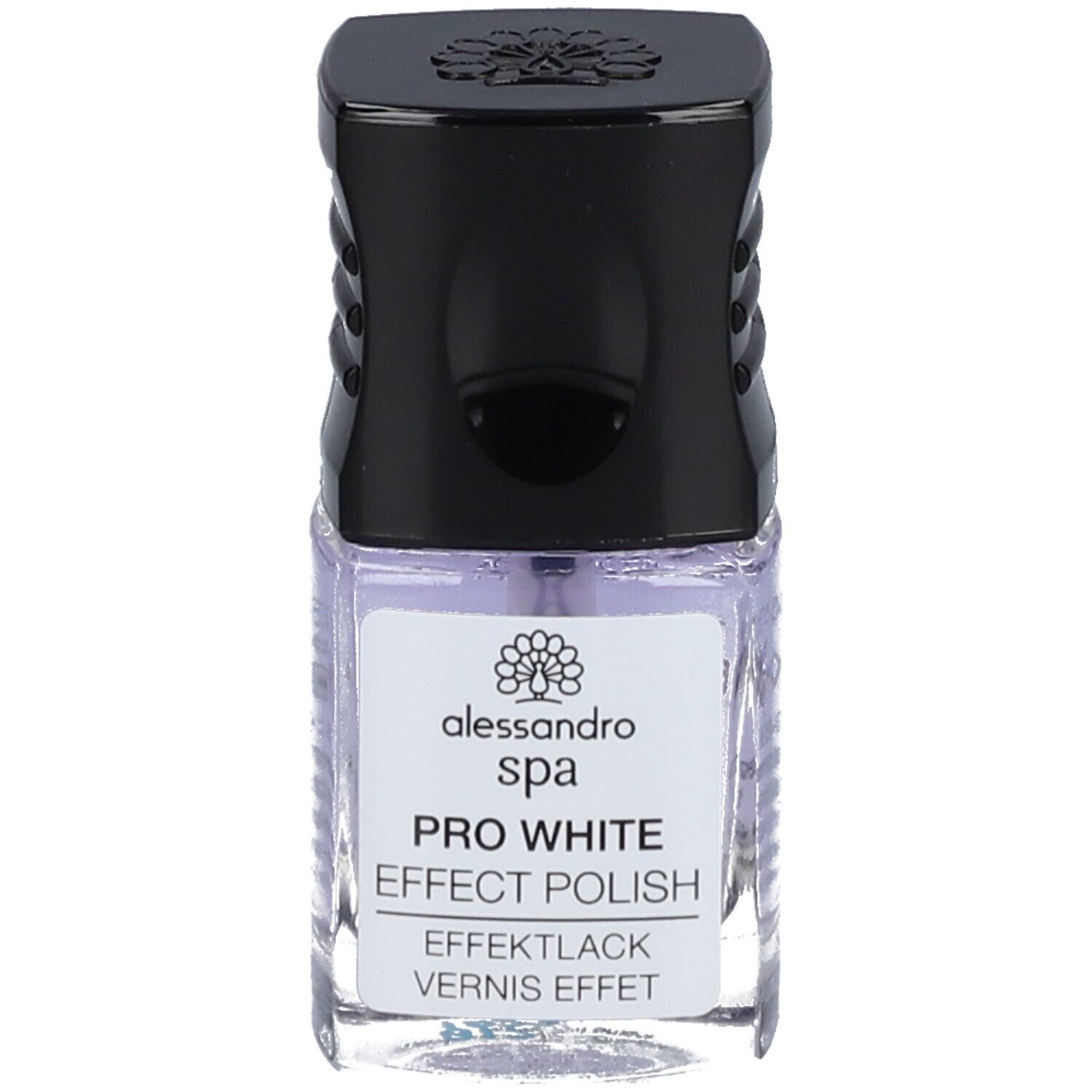 Nagellackflasche mit schwarzem Deckel. Aufschrift: alessandro spa PRO WHITE EFFECT POLISH.