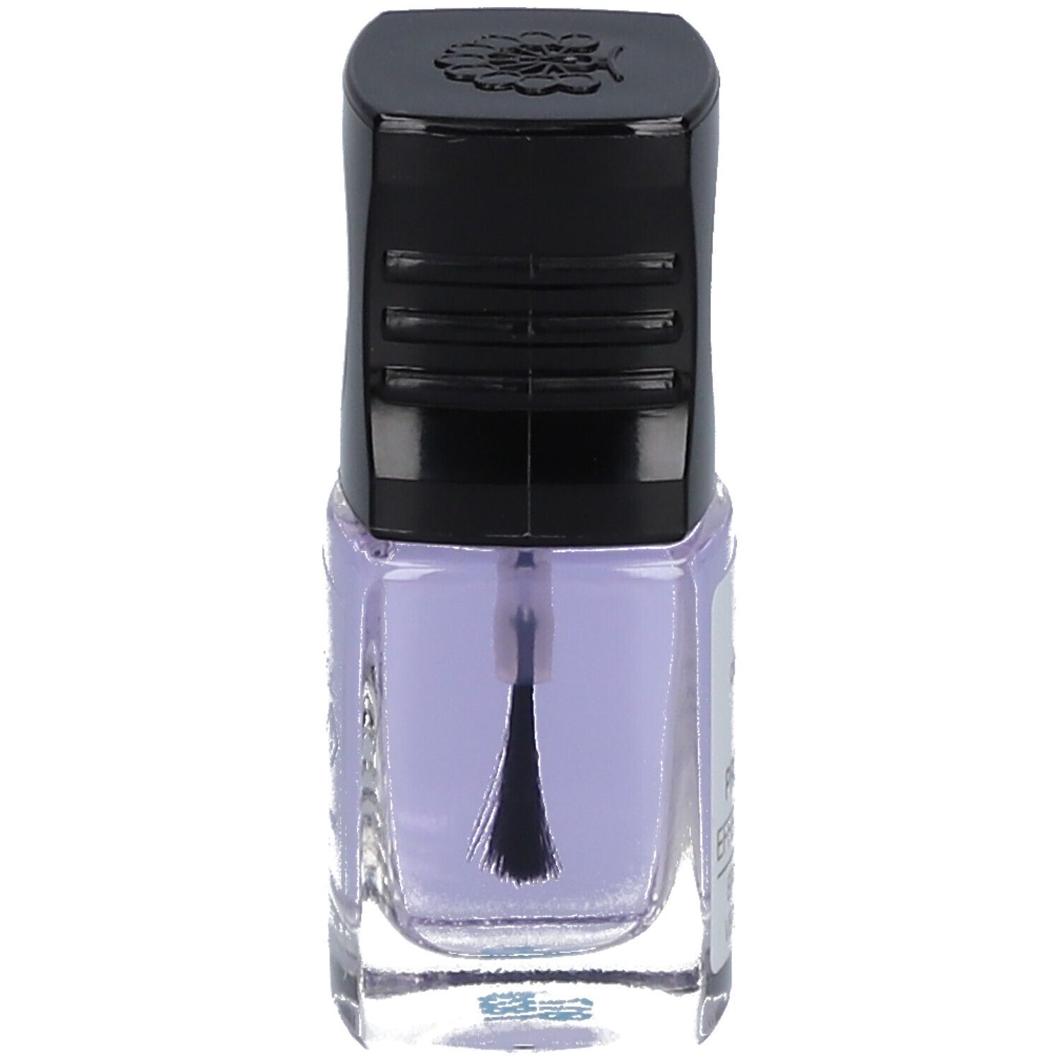 Nagellackflasche mit schwarzem Deckel. Pinsel sichtbar. Inhalt: helllila.