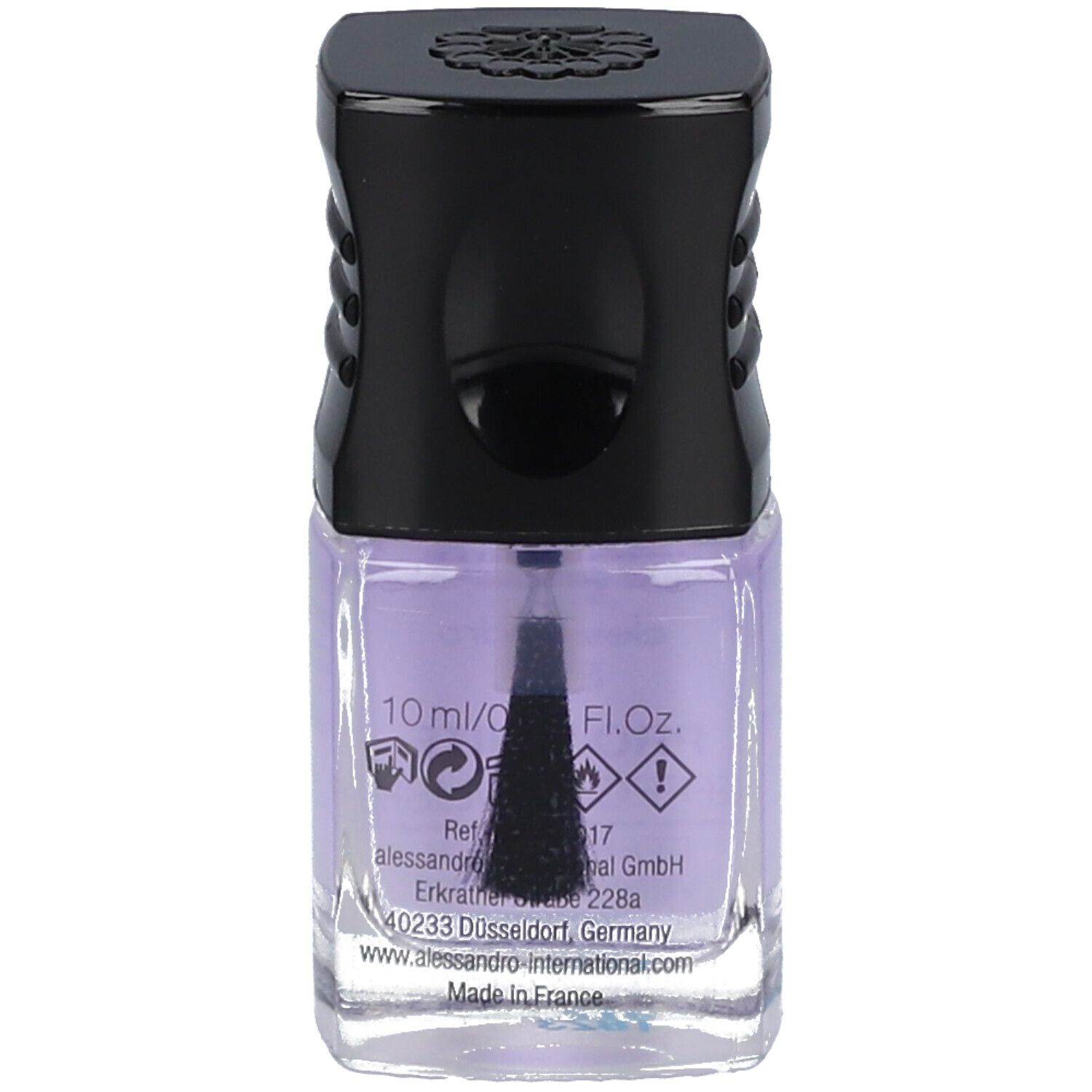 Nagellackflasche mit schwarzem Deckel. Aufschrift und Symbole. Inhalt: helllila.